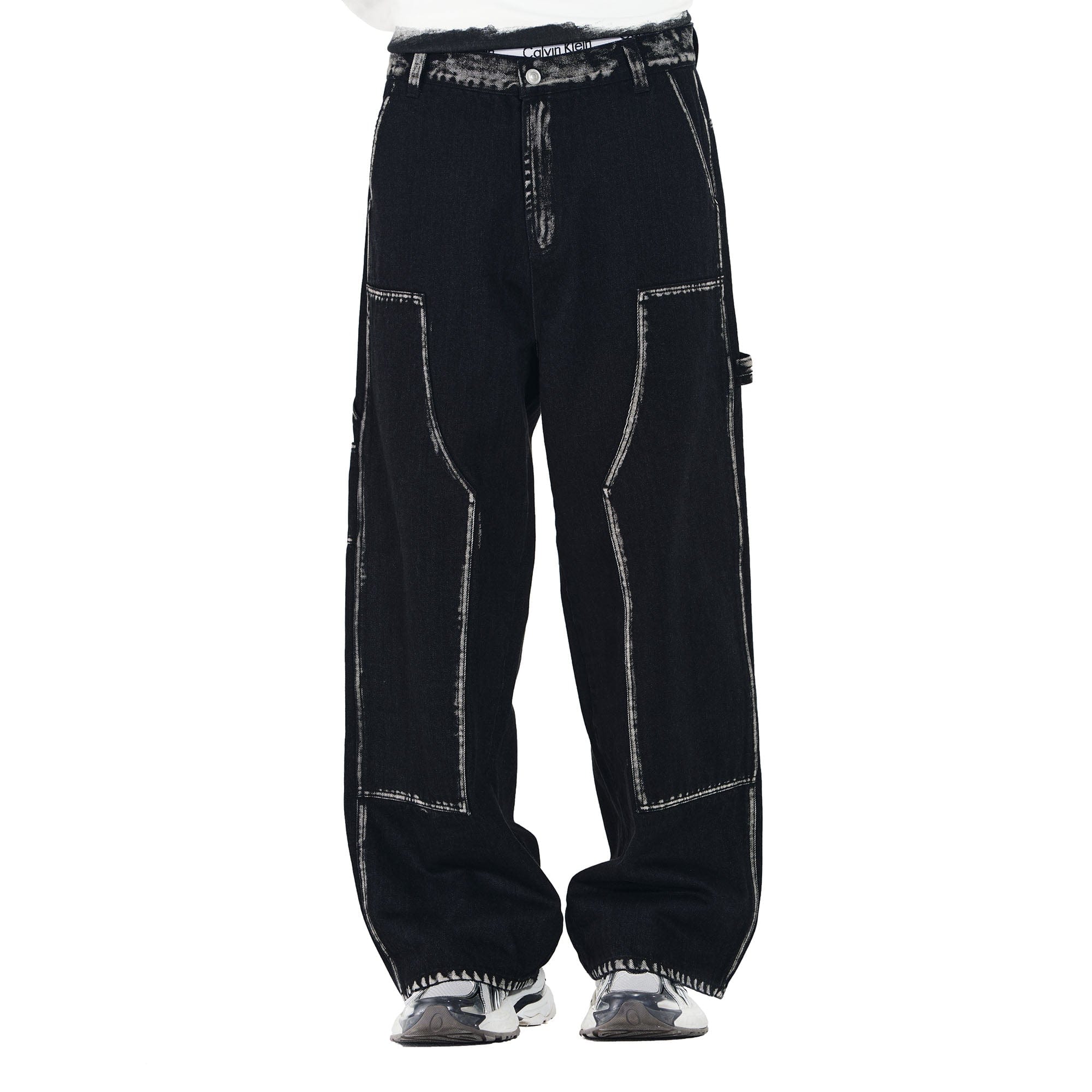 OVERLAPS Contrast Brushstroke Trim Double-Knee Jeans, premium urban and streetwear designers apparel on PROJECTISR.com, OVERLAPS