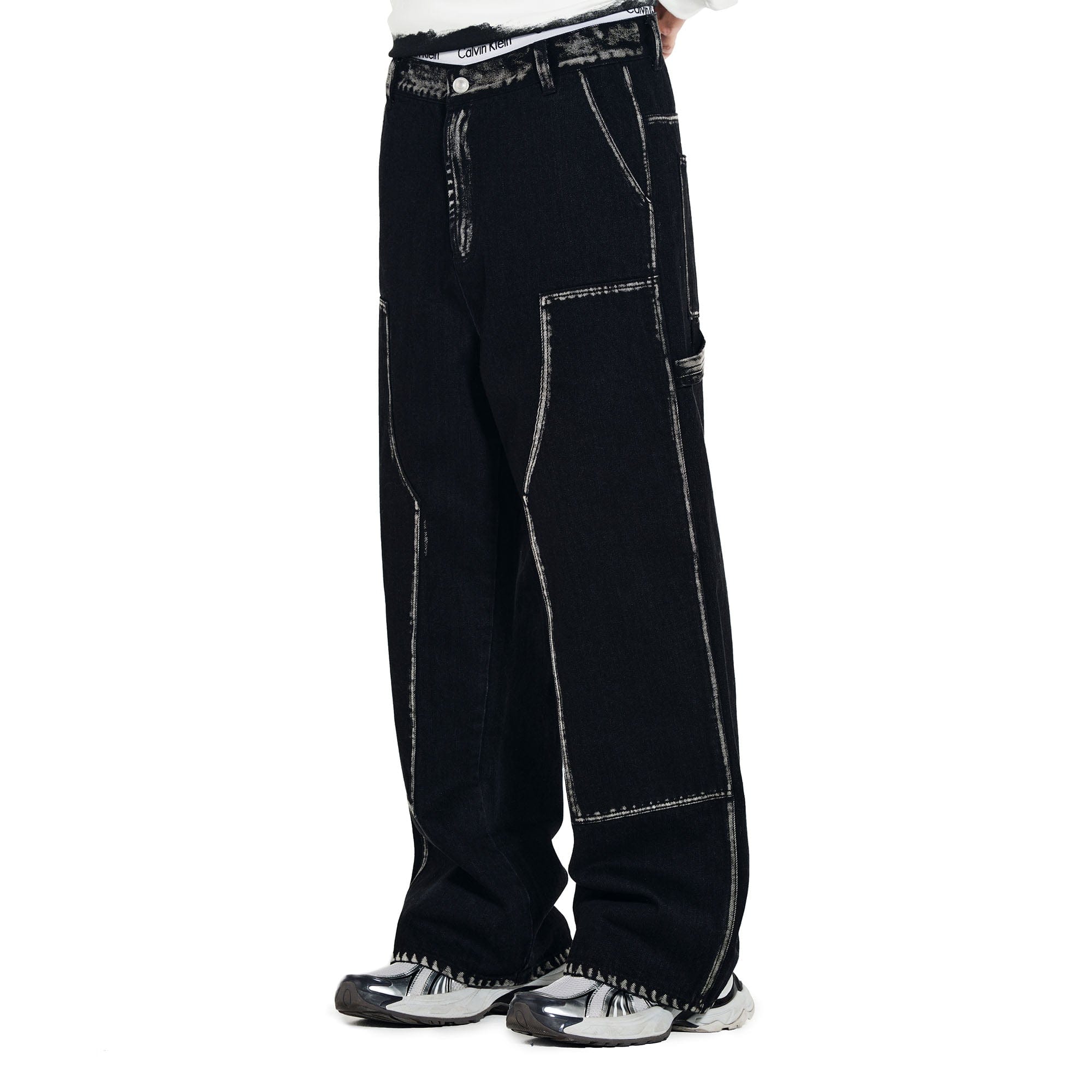 OVERLAPS Contrast Brushstroke Trim Double-Knee Jeans