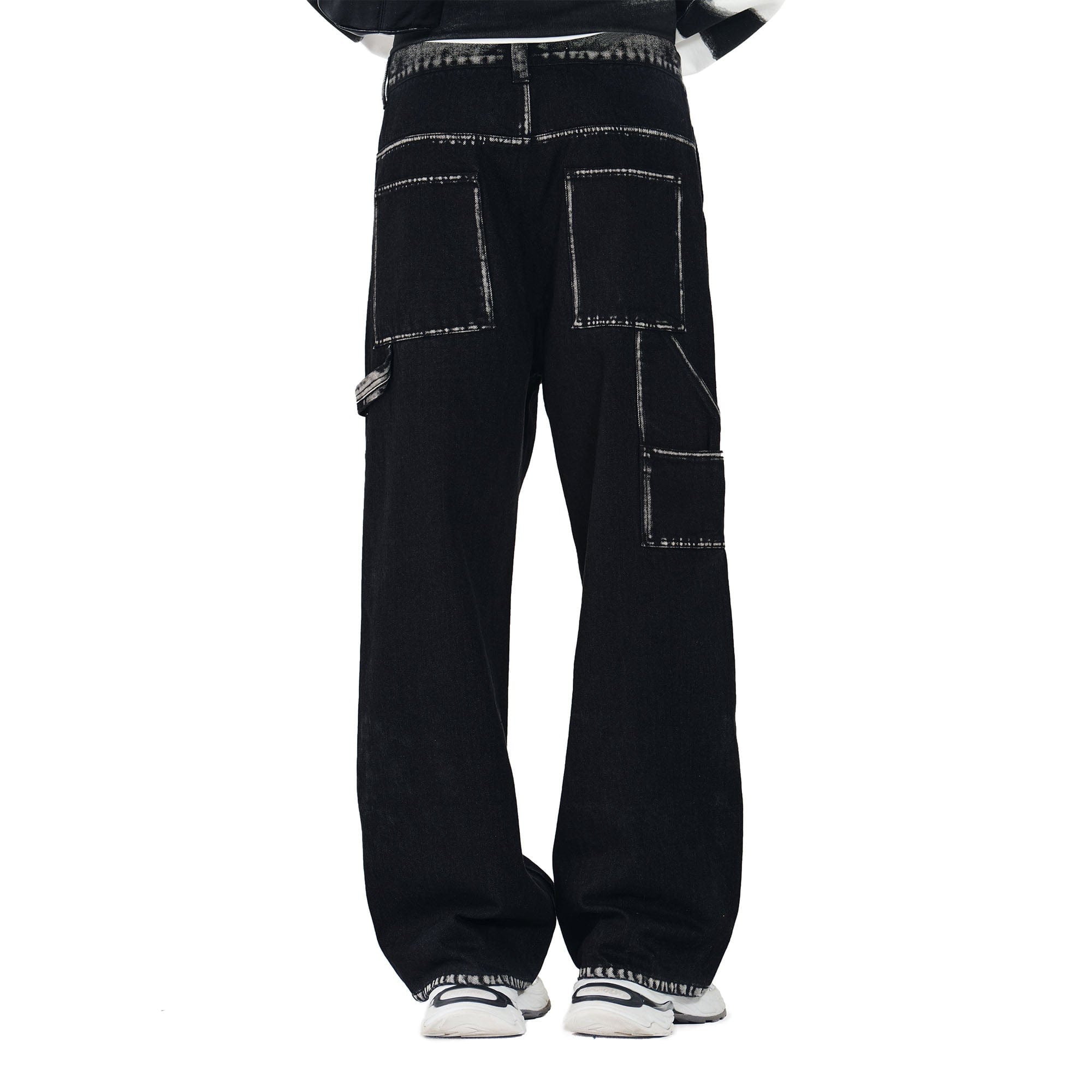 OVERLAPS Contrast Brushstroke Trim Double-Knee Jeans, premium urban and streetwear designers apparel on PROJECTISR.com, OVERLAPS