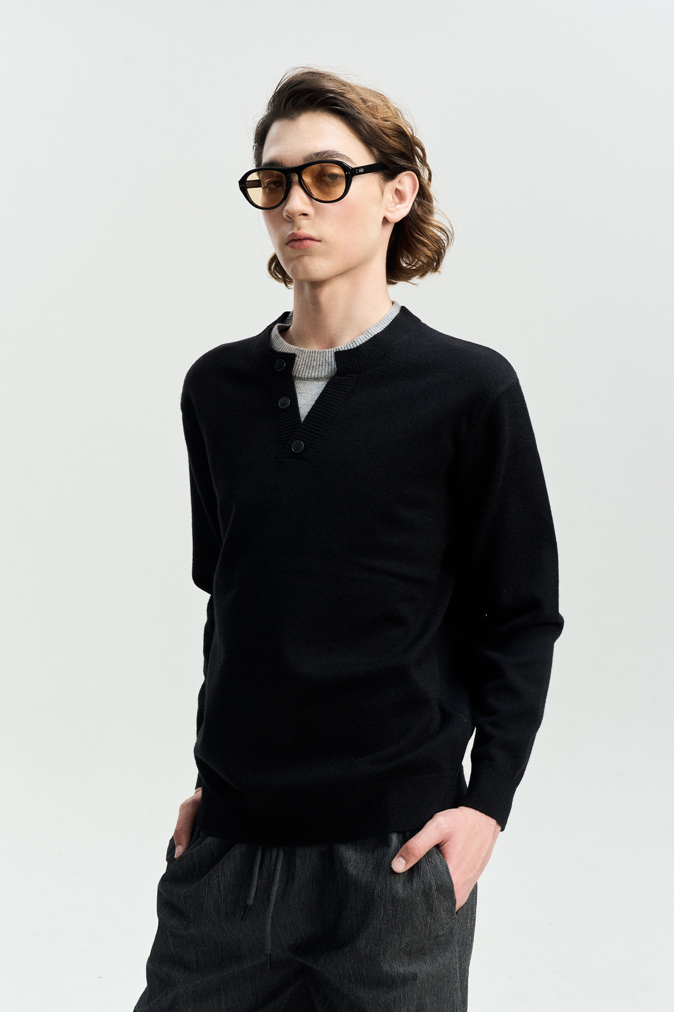 LEONSENSE Faux-Layered Henley Sweater, premium urban and streetwear designers apparel on PROJECTISR.com, LEONSENSE