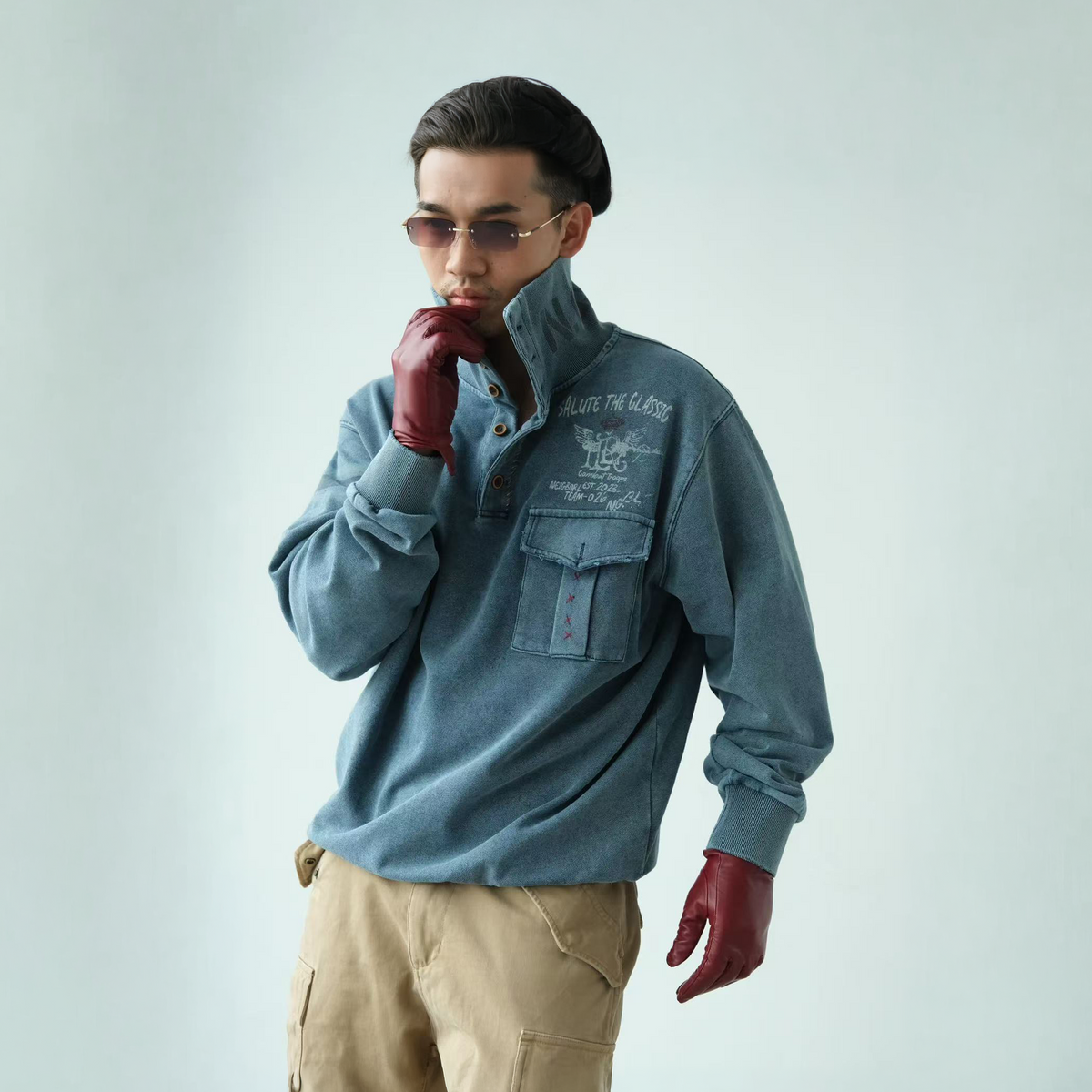 NEIGBORL Retro Graphic Washed Stand-Collar Sweatshirt