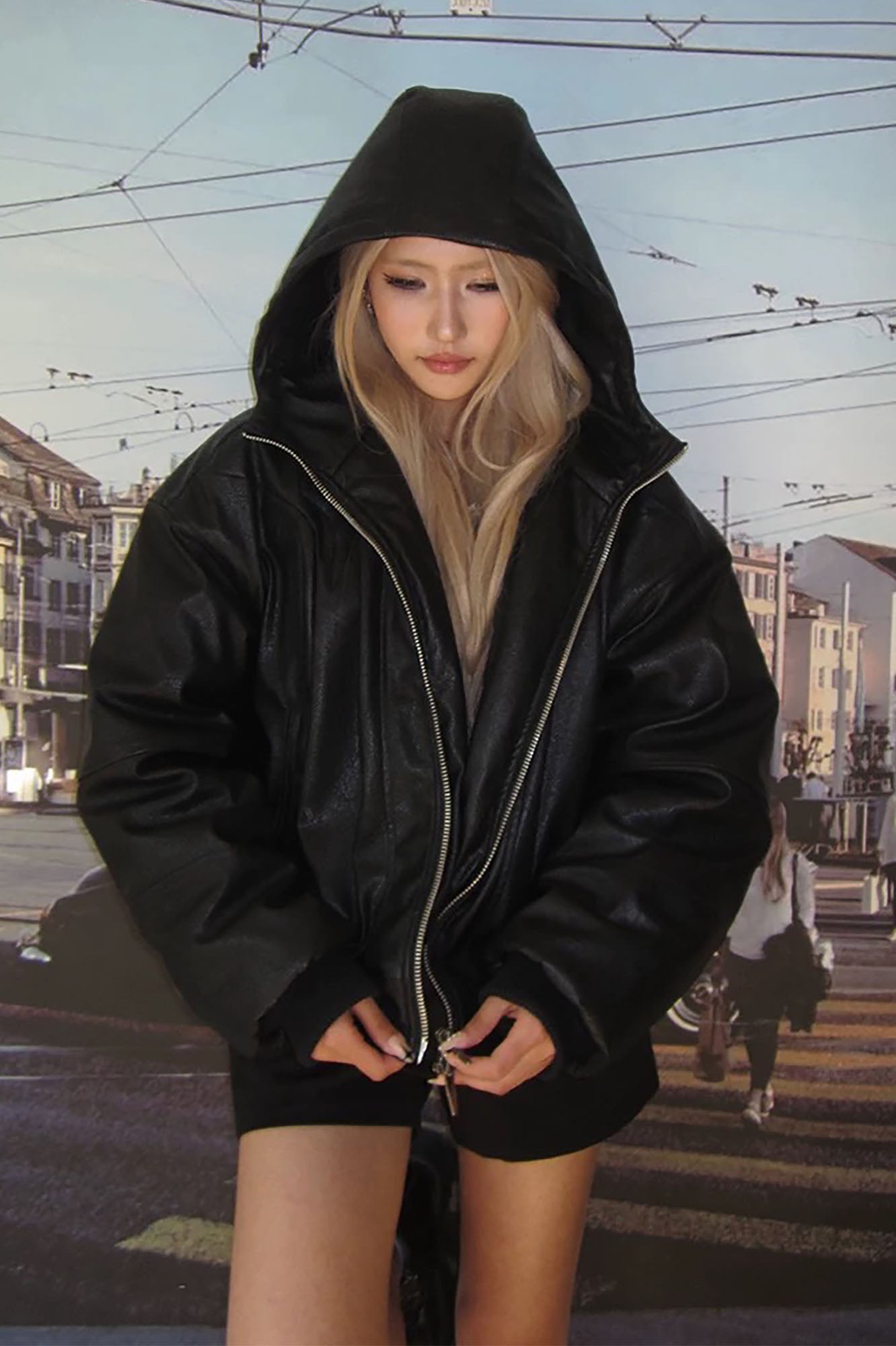 FORFEARTHAT Hooded Puffer PU Jacket