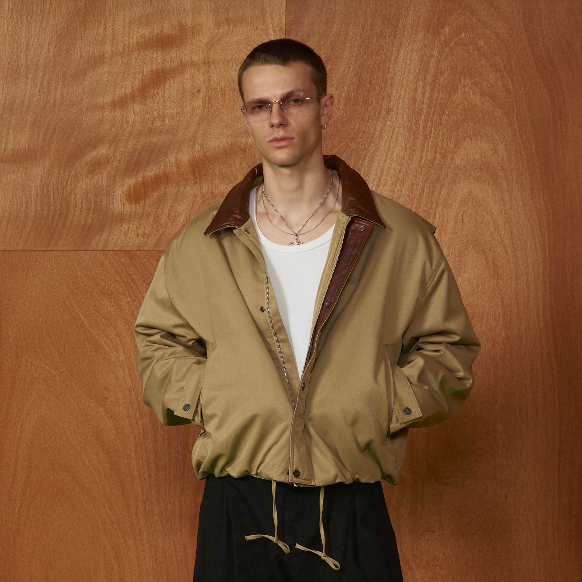 PMW Contrast Leather Collar Bomber Jacket