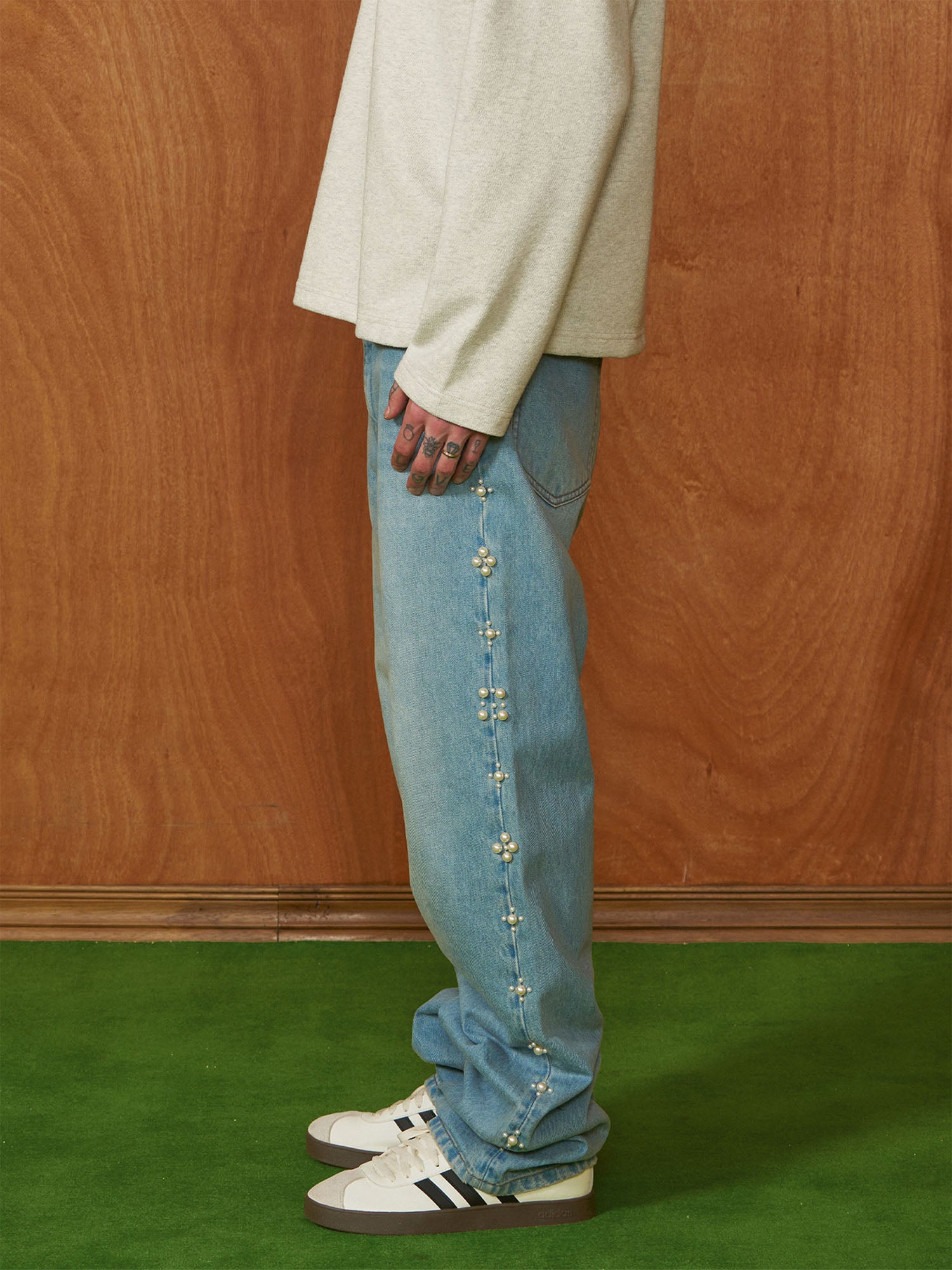 PMW Pearl-Embellished Washed Straight-Leg Jeans, premium urban and streetwear designers apparel on PROJECTISR.com, PMW