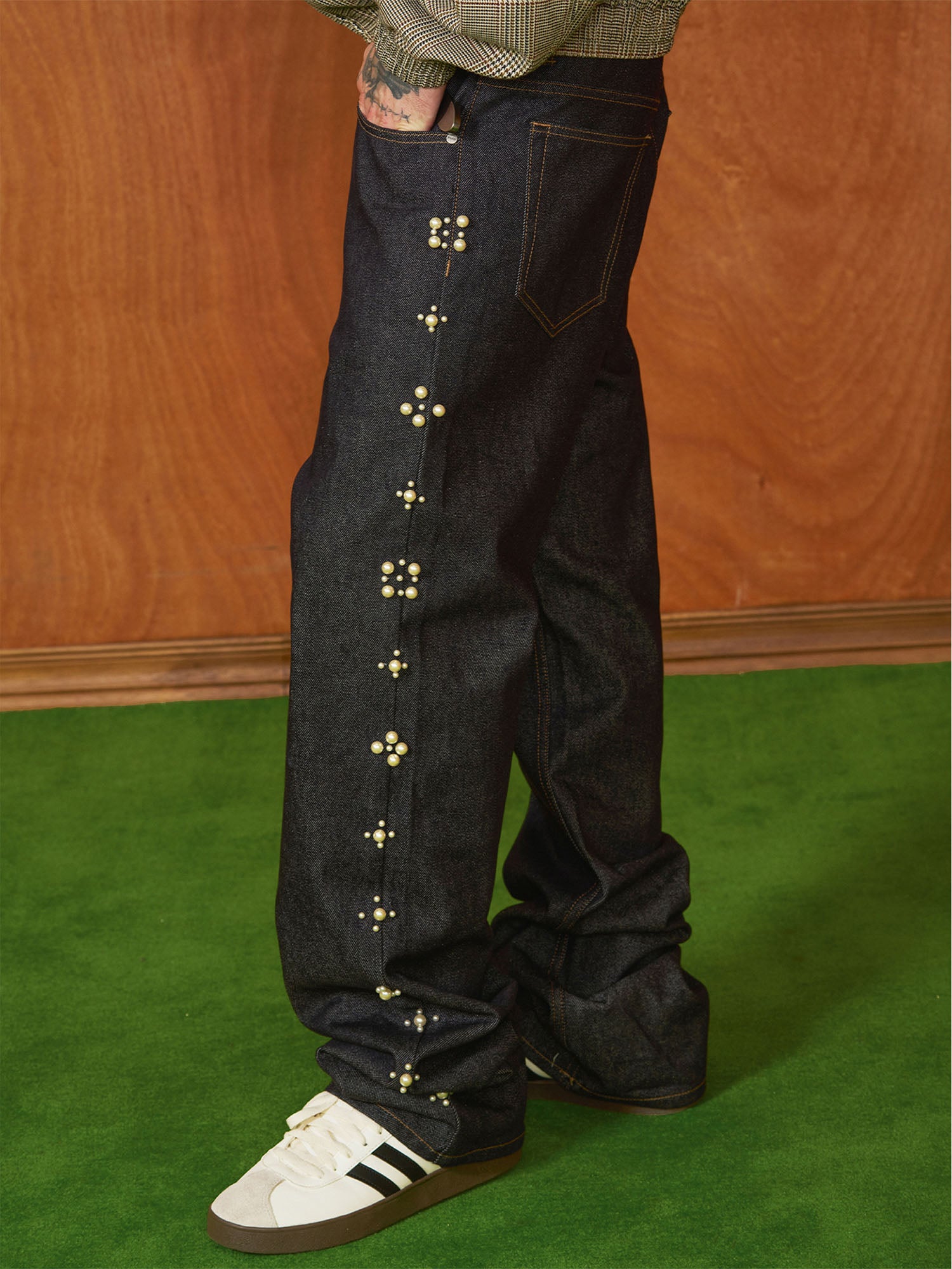 PMW Pearl-Embellished Raw Jeans, premium urban and streetwear designers apparel on PROJECTISR.com, PMW
