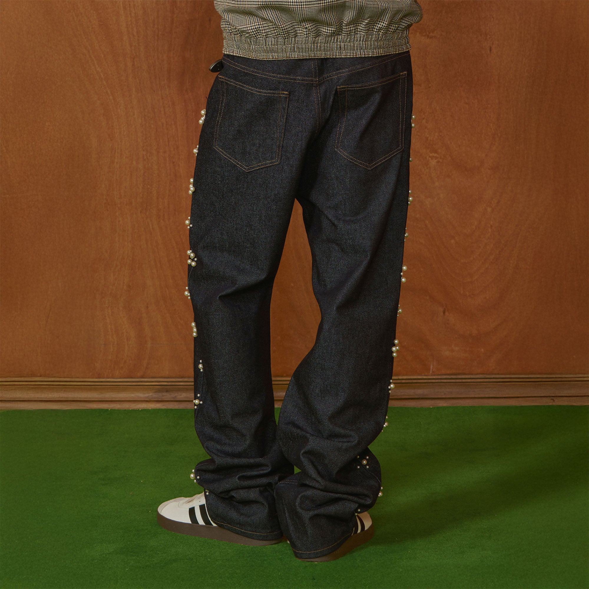 PMW Pearl-Embellished Raw Jeans, premium urban and streetwear designers apparel on PROJECTISR.com, PMW