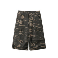 DONSMOKE Camo Multi-Pocket Raw-Edge Curved Shorts