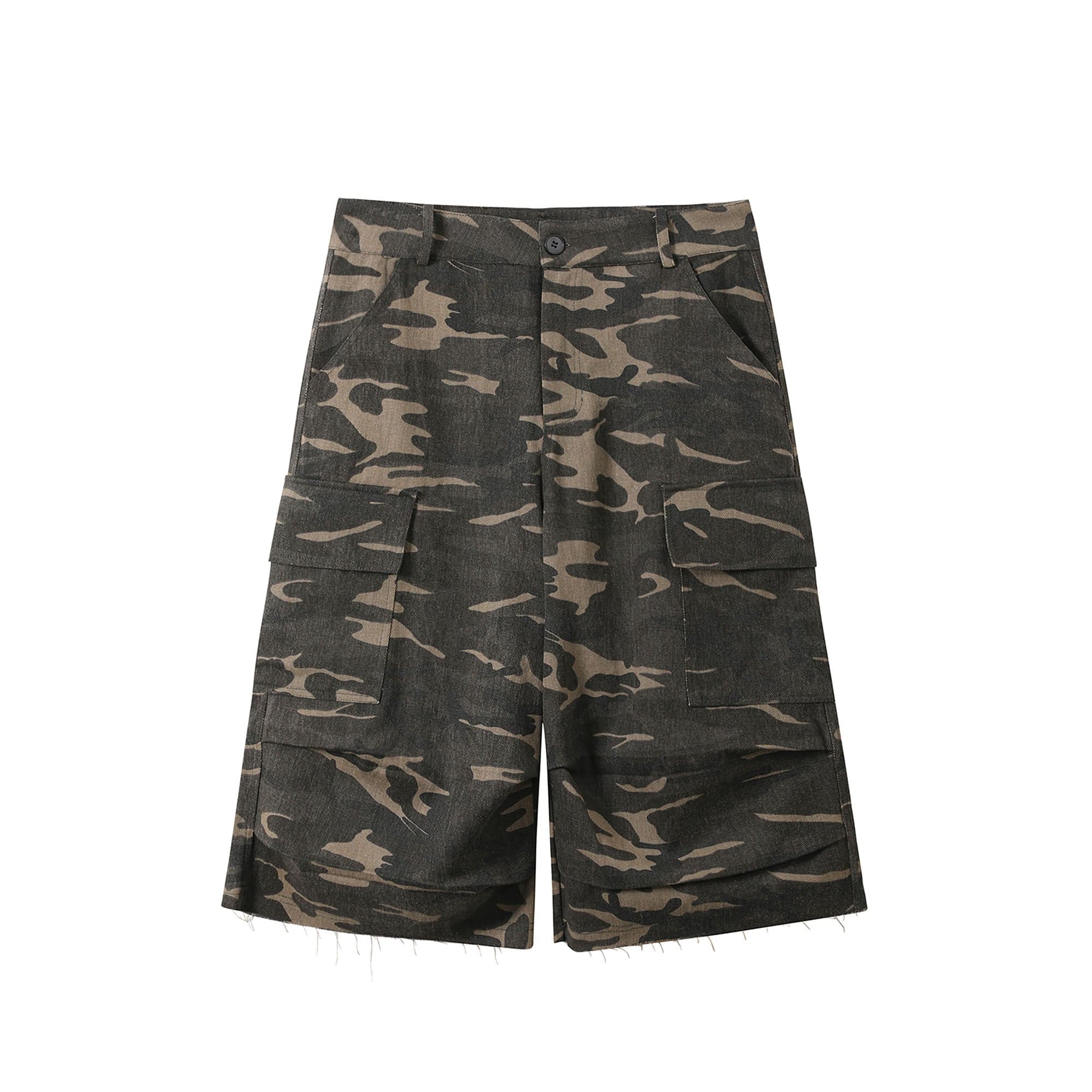 DONSMOKE Camo Multi-Pocket Raw-Edge Curved Shorts, premium urban and streetwear designers apparel on PROJECTISR.com, DONSMOKE