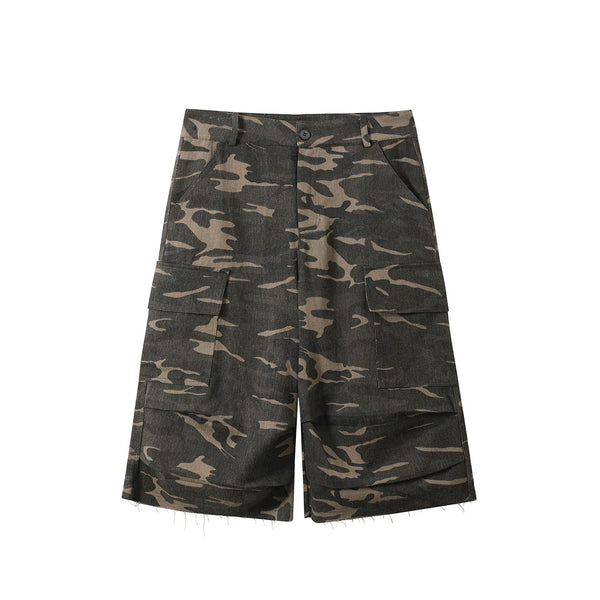 DONSMOKE Camo Multi-Pocket Raw-Edge Curved Shorts