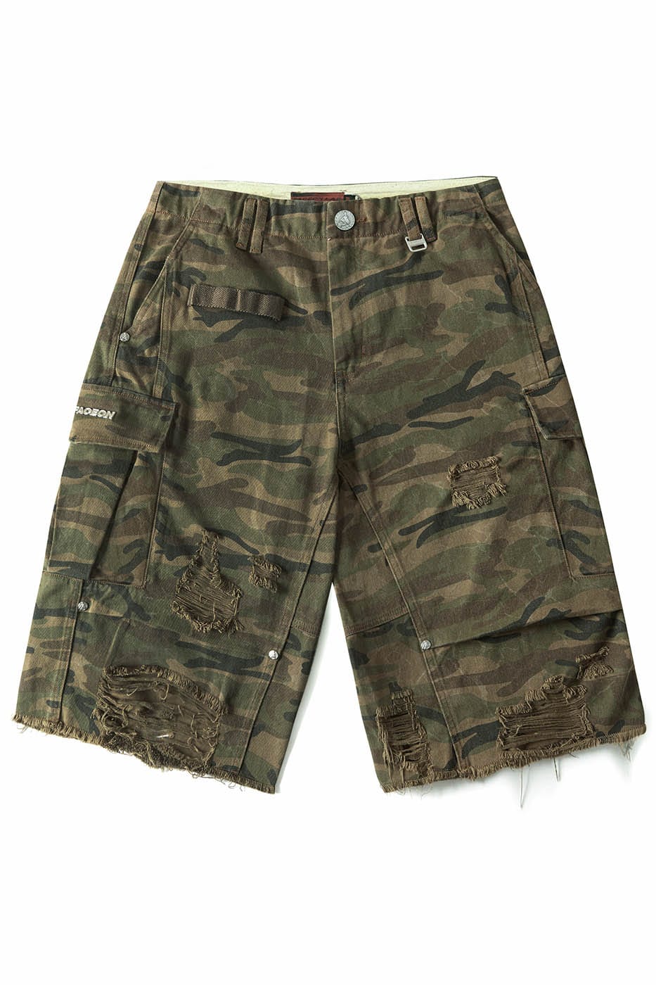 FACEONLAB Camo Ripped Crinkled Multi-Pocket Oversized Shorts