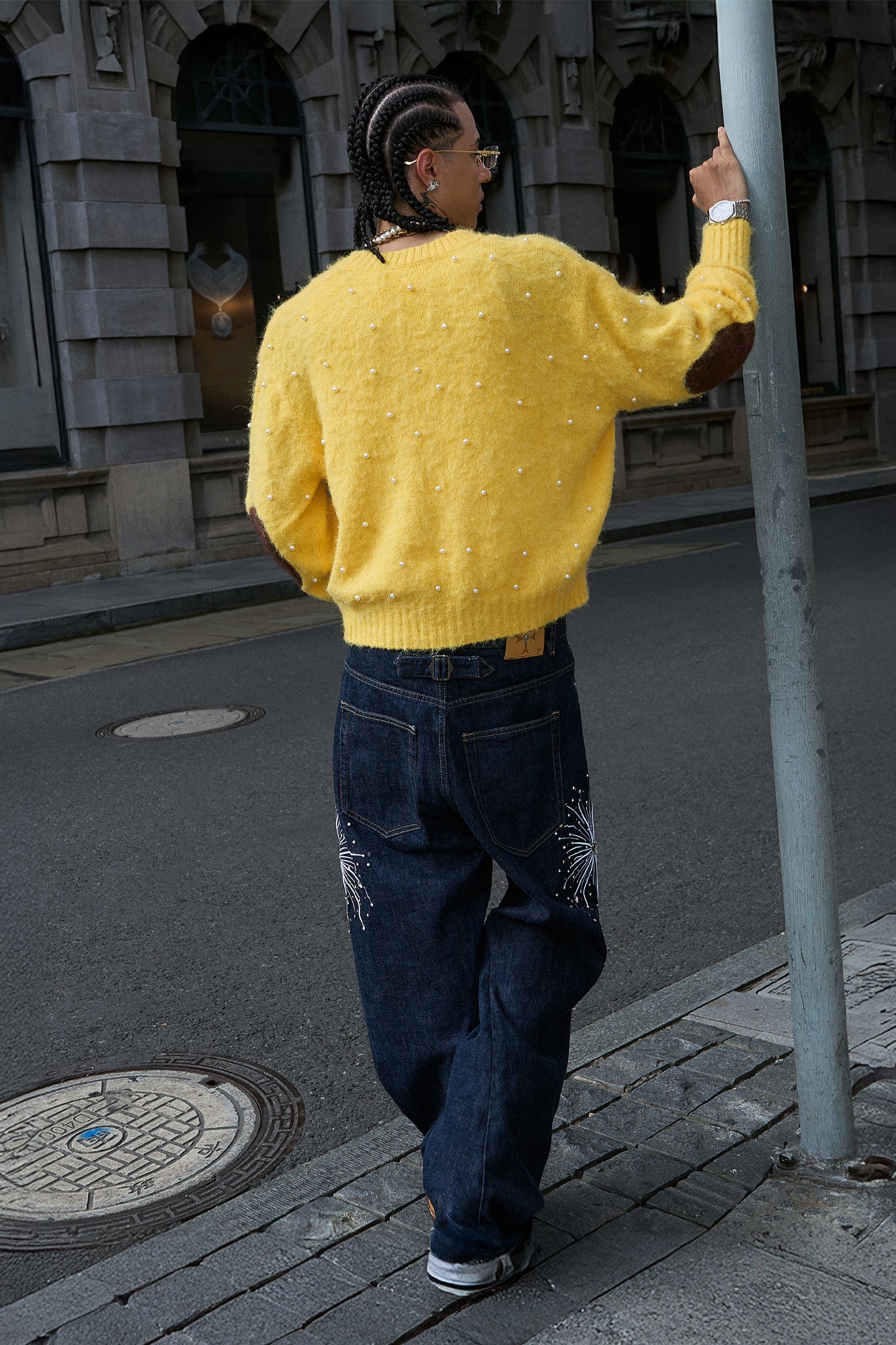 STEEPC Pearl-Studded Contrast Elbow Patch Cardigan