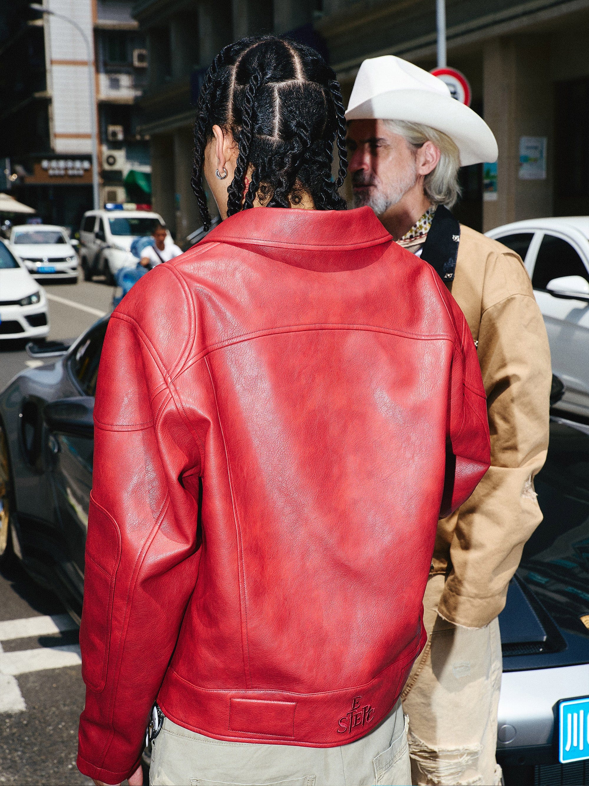 STEEPC Faux Leather Spliced Jacket Red