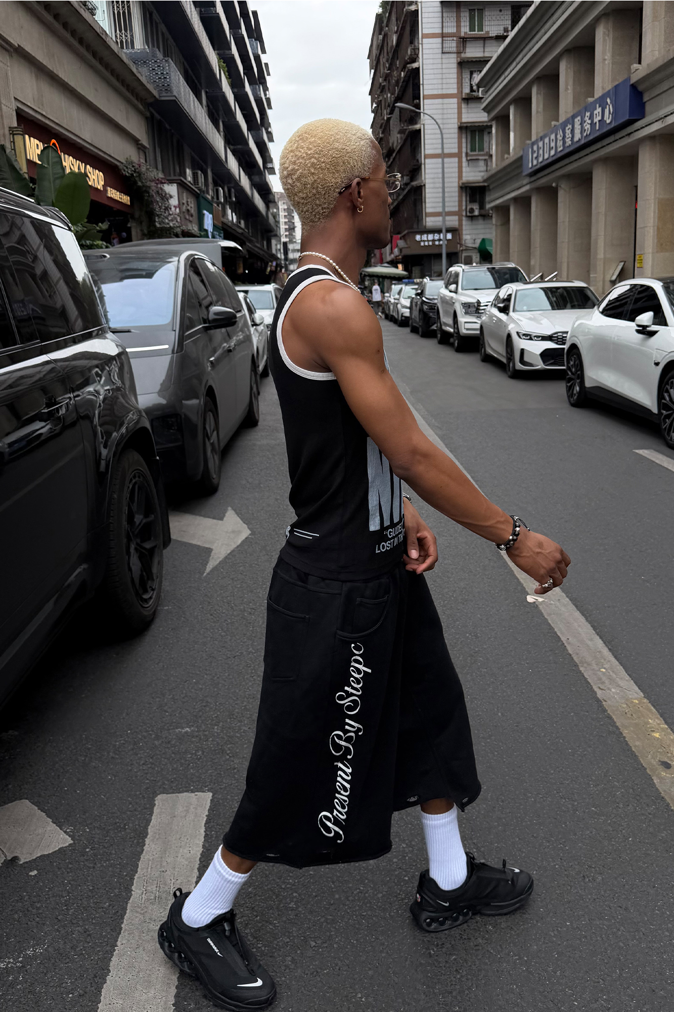 STEEPC Raw Edge Graphic Paneled Sweat Shorts