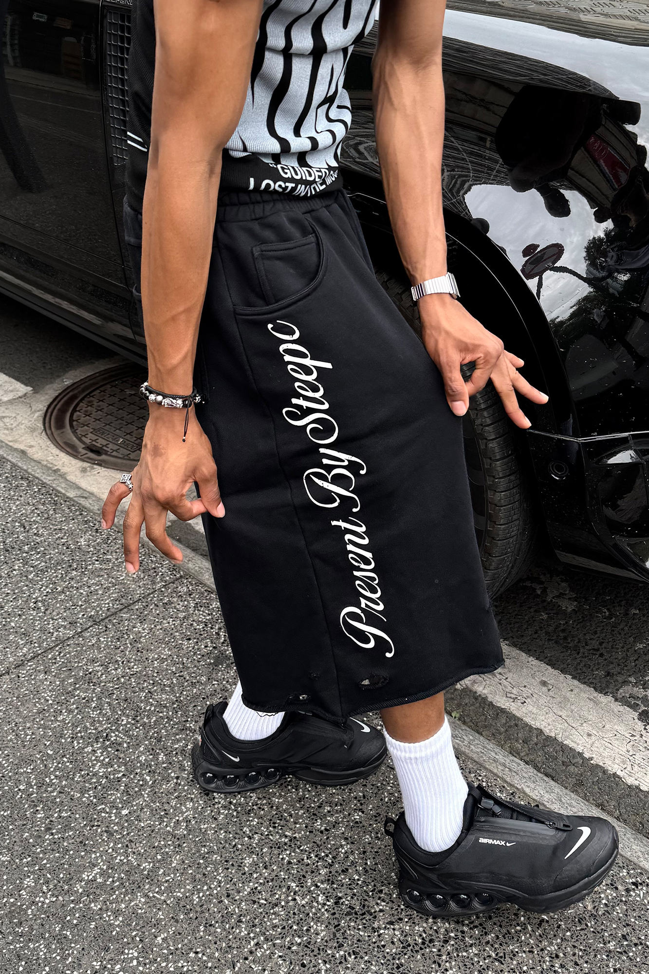 STEEPC Raw Edge Graphic Paneled Sweat Shorts
