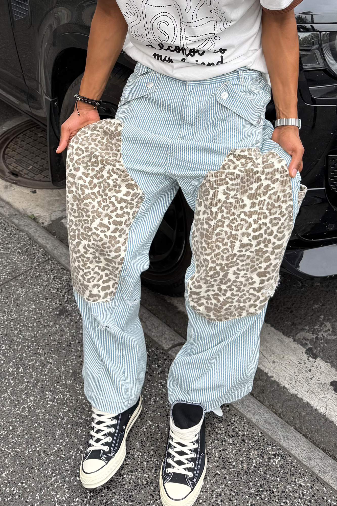 STEEPC Leopard Paneled Stripe Washed Jeans