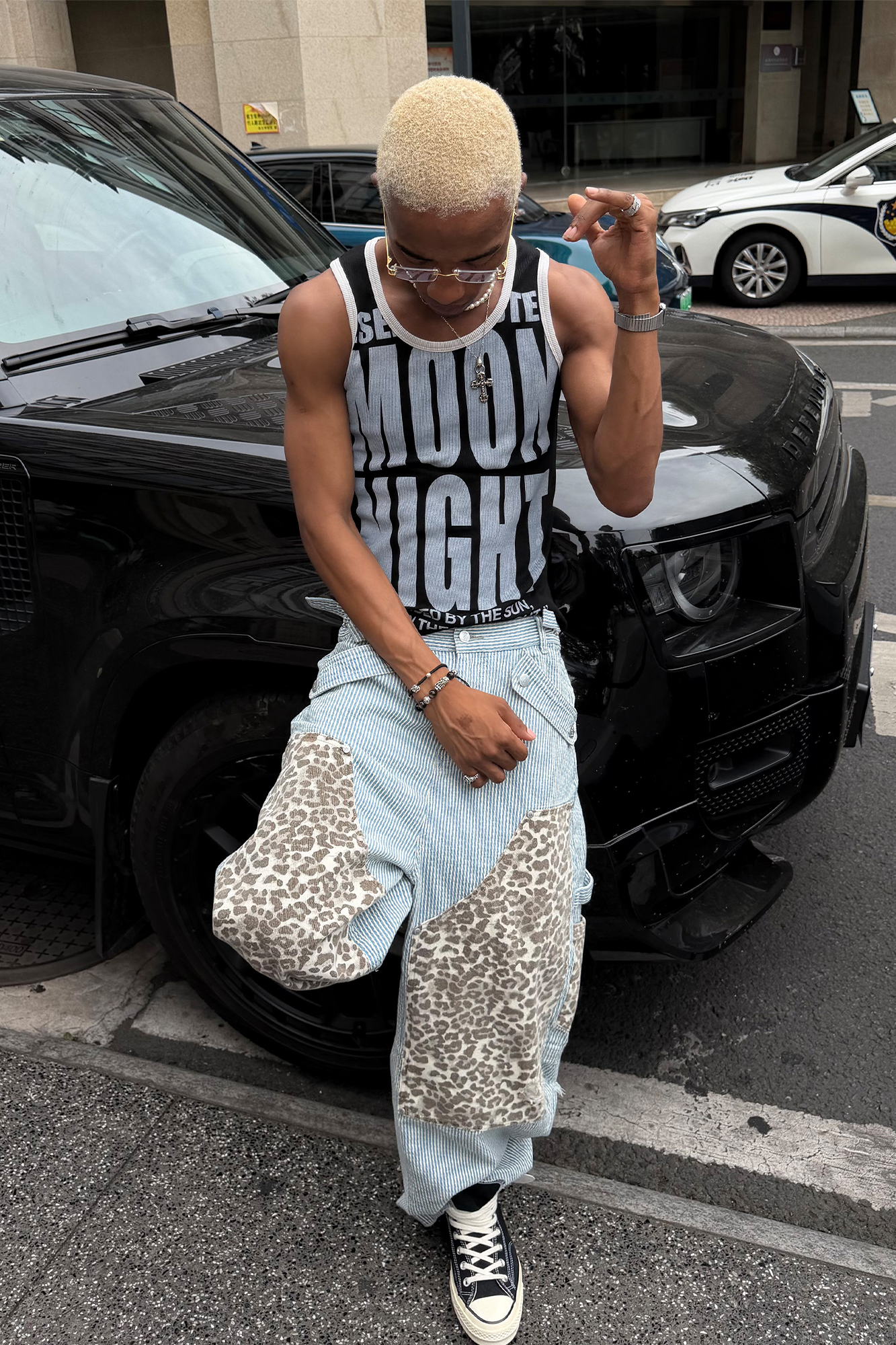 STEEPC Leopard Paneled Stripe Washed Jeans