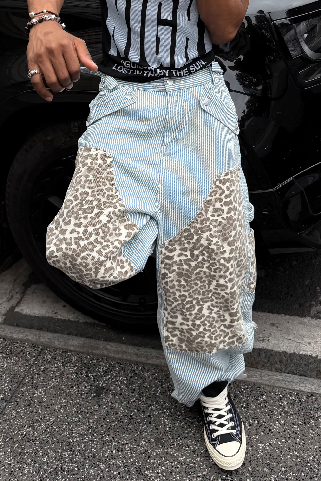 STEEPC Leopard Paneled Stripe Washed Jeans