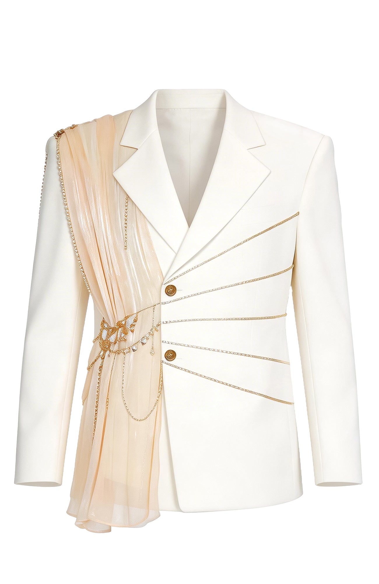 SHANG JIE Chain-Draped Sheer Panel Blazer, premium urban and streetwear designers apparel on PROJECTISR.com, SHANG JIE