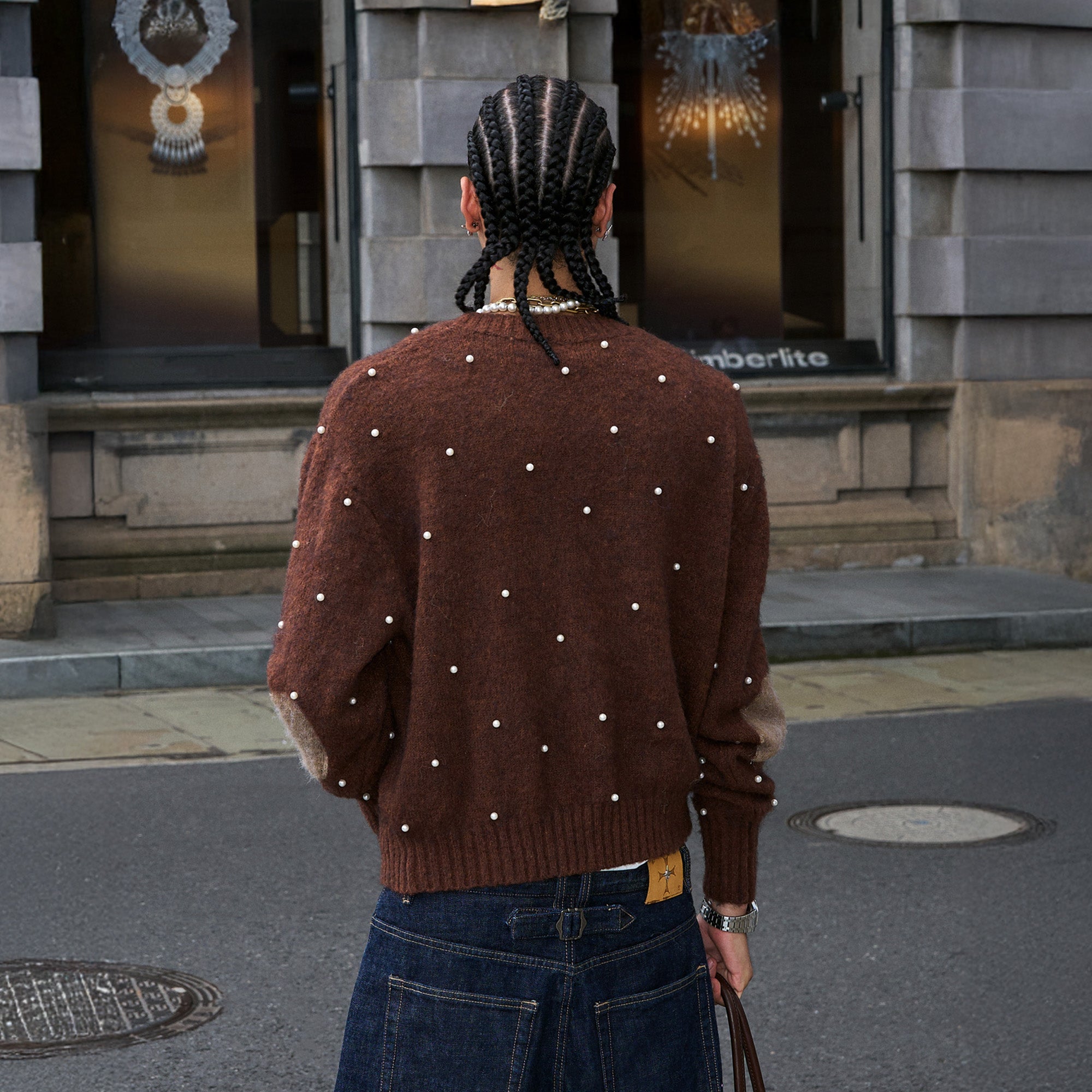 STEEPC Pearl-Studded Contrast Elbow Patch Cardigan