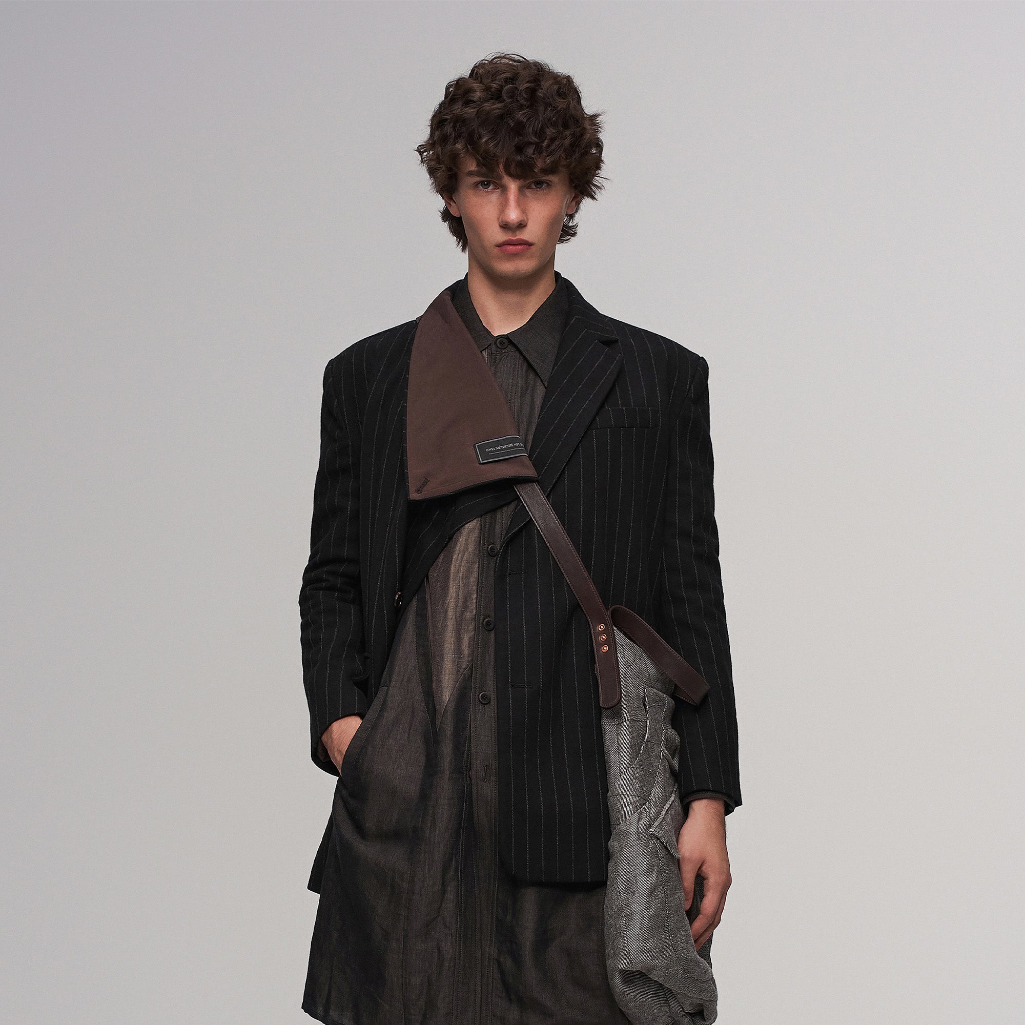 ILNya Nieternite Nifutur Asym Pinstripe Draped Flap Wool Blazer