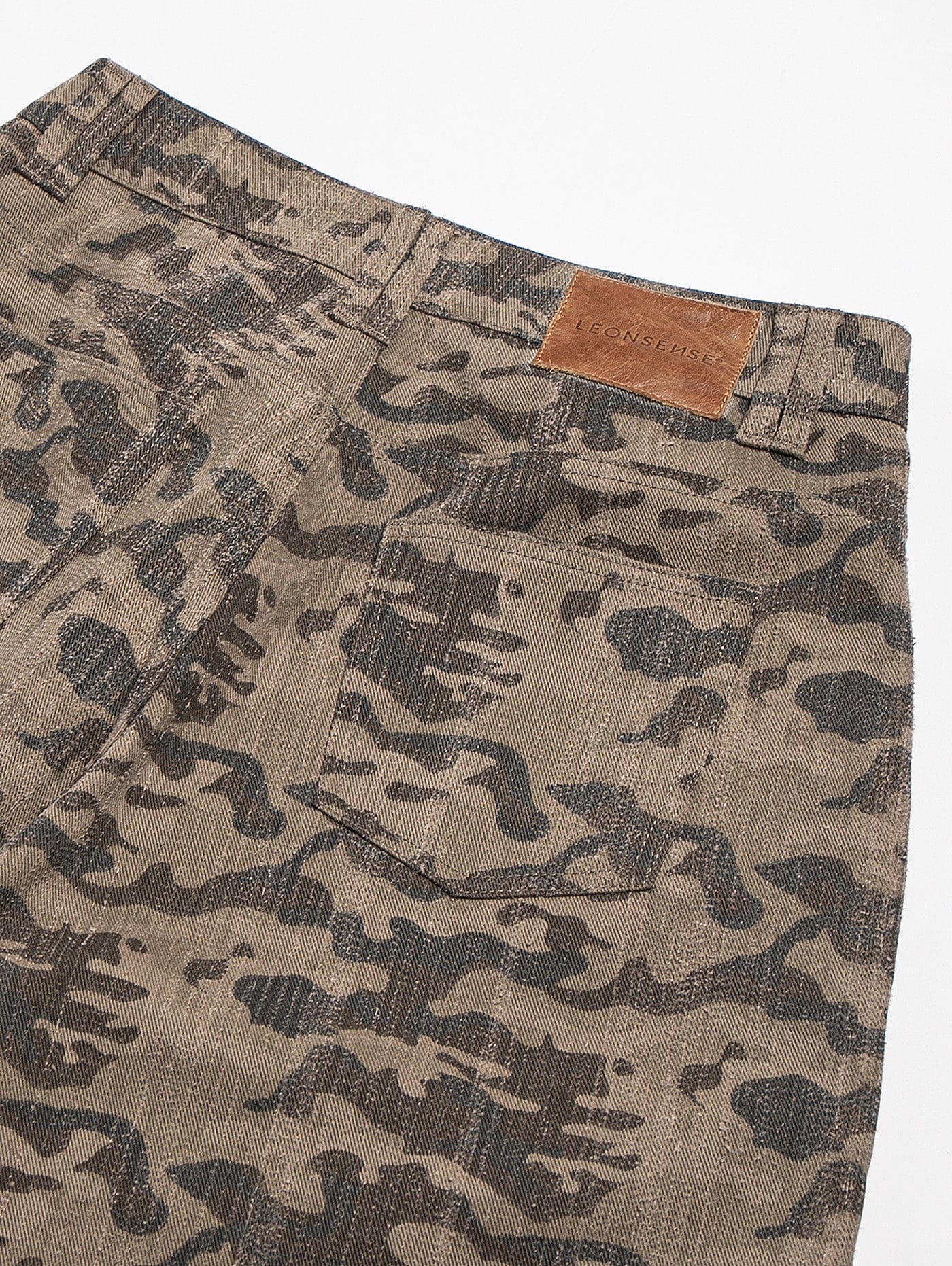 LEONSENSE Deconstructed Camo Cargo Shorts, premium urban and streetwear designers apparel on PROJECTISR.com, LEONSENSE