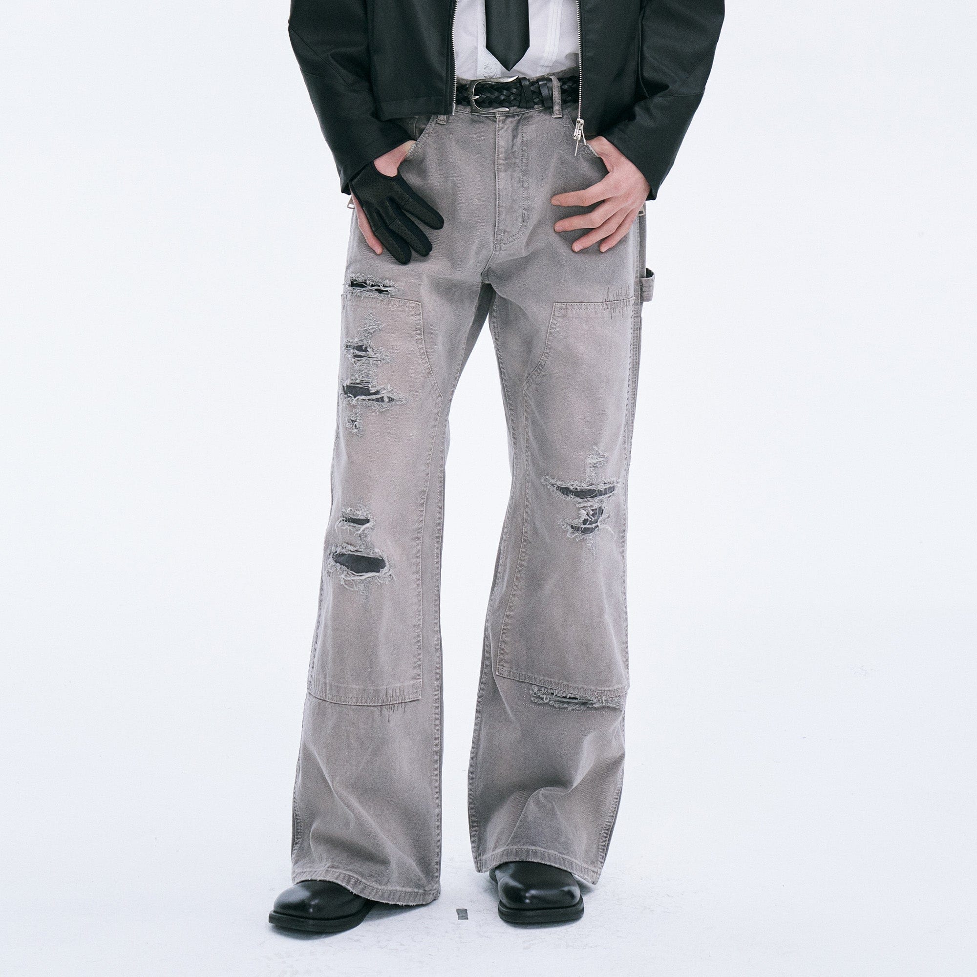 CATSSTAC Distressed Double-Knee Carpenter Straight-Leg Jeans Gray, premium urban and streetwear designers apparel on PROJECTISR.com, CATSSTAC