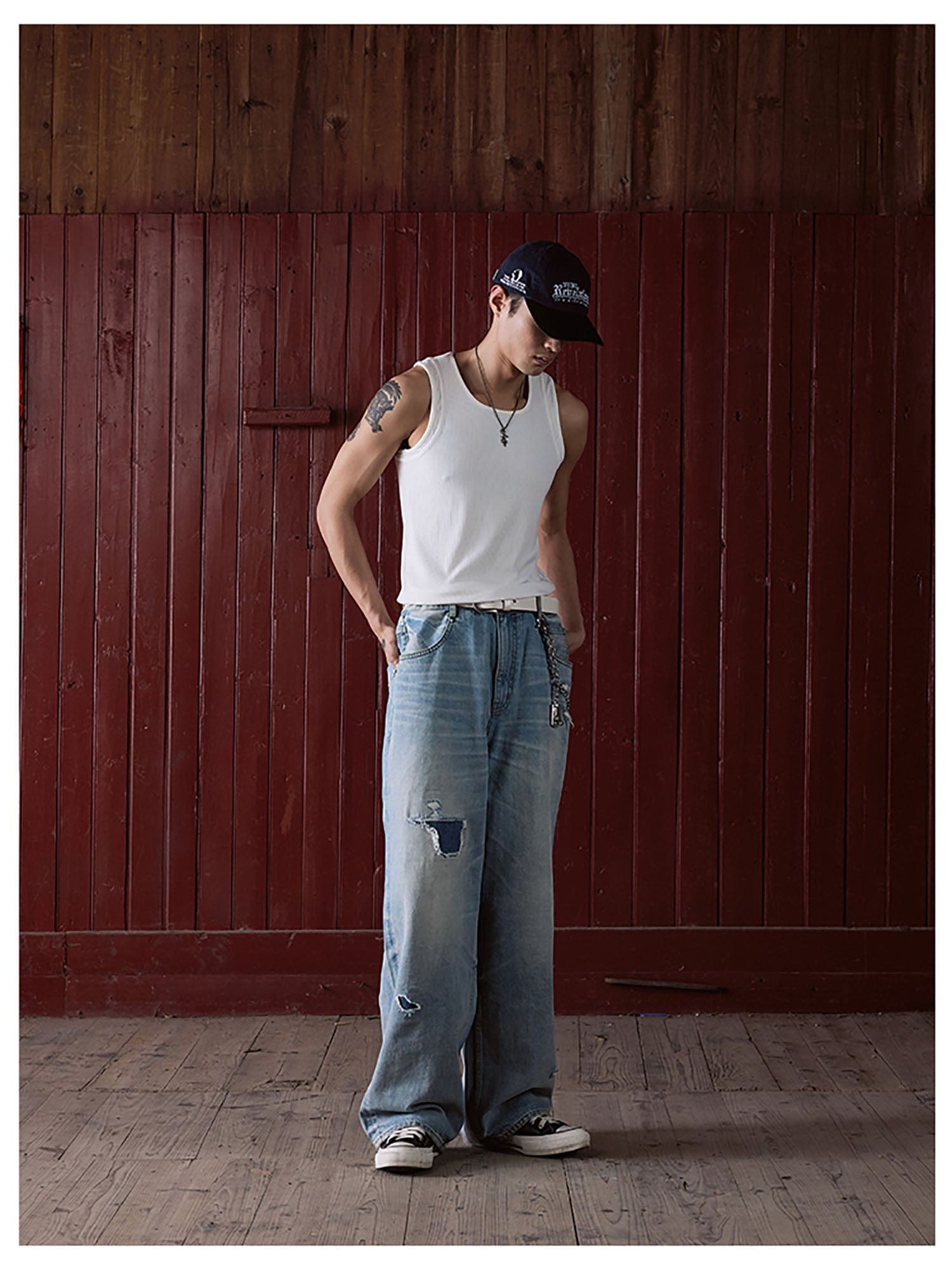 IN EXISTENCE Distressed Patchwork Creased Washed Wide-Leg Jeans, premium urban and streetwear designers apparel on PROJECTISR.com, IN EXISTENCE
