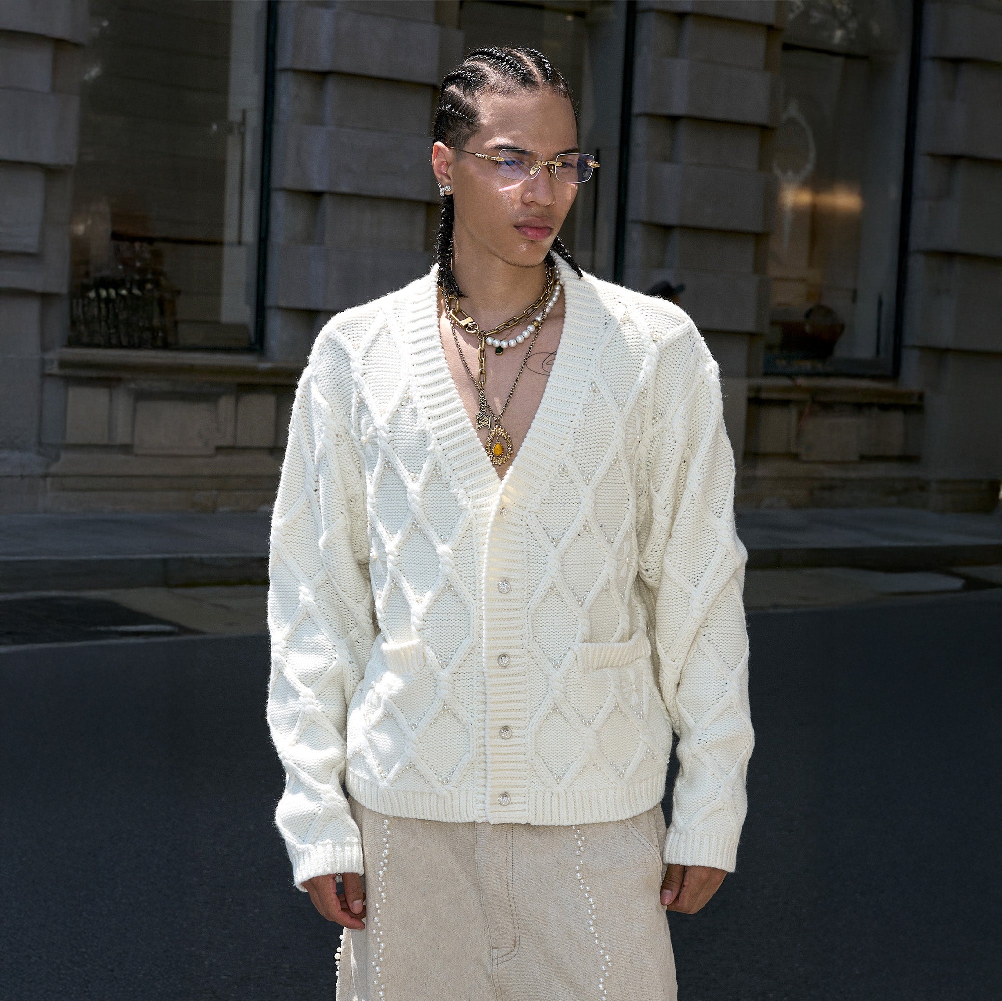 STEEPC Lattice Pearl-Stitched Wool-Blend Cardigan