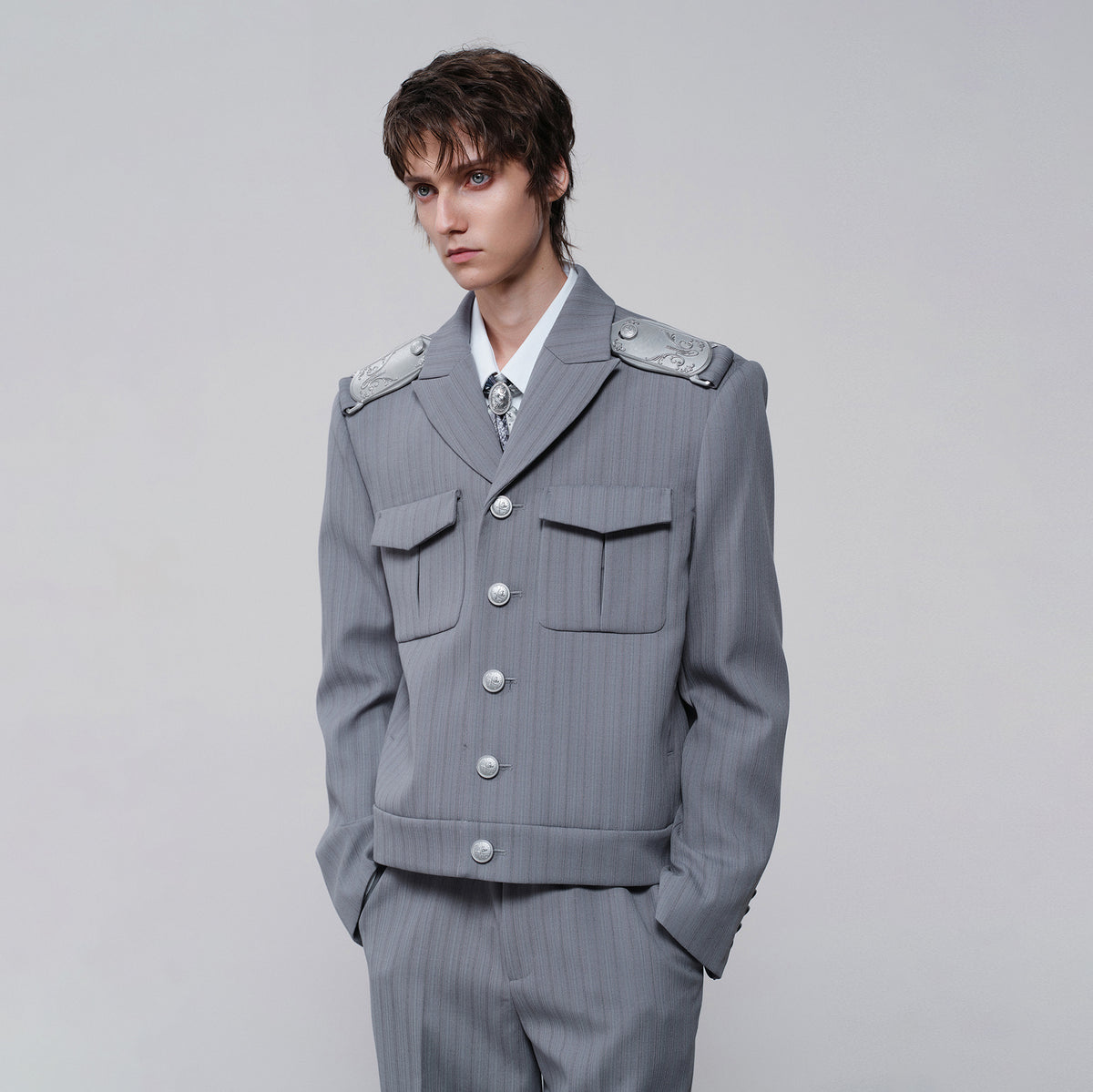 FACEONLAB Striped Epaulette Lapel Jacket