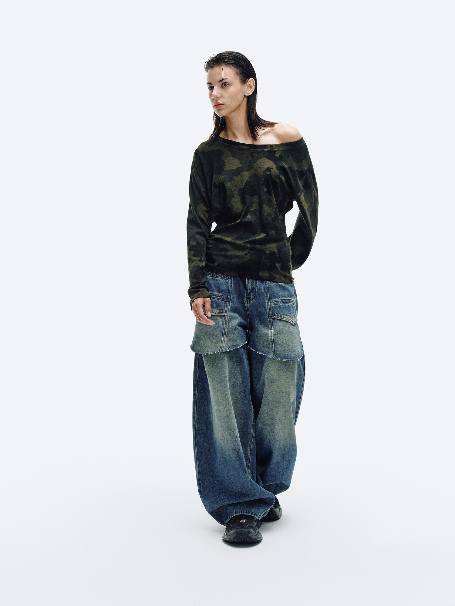 HAHAHA Spliced Washed Faux Layered Jeans