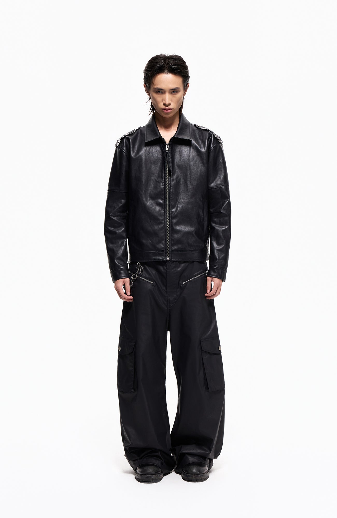 2000RSK Pin-Shoulder Faux Leather Biker Jacket