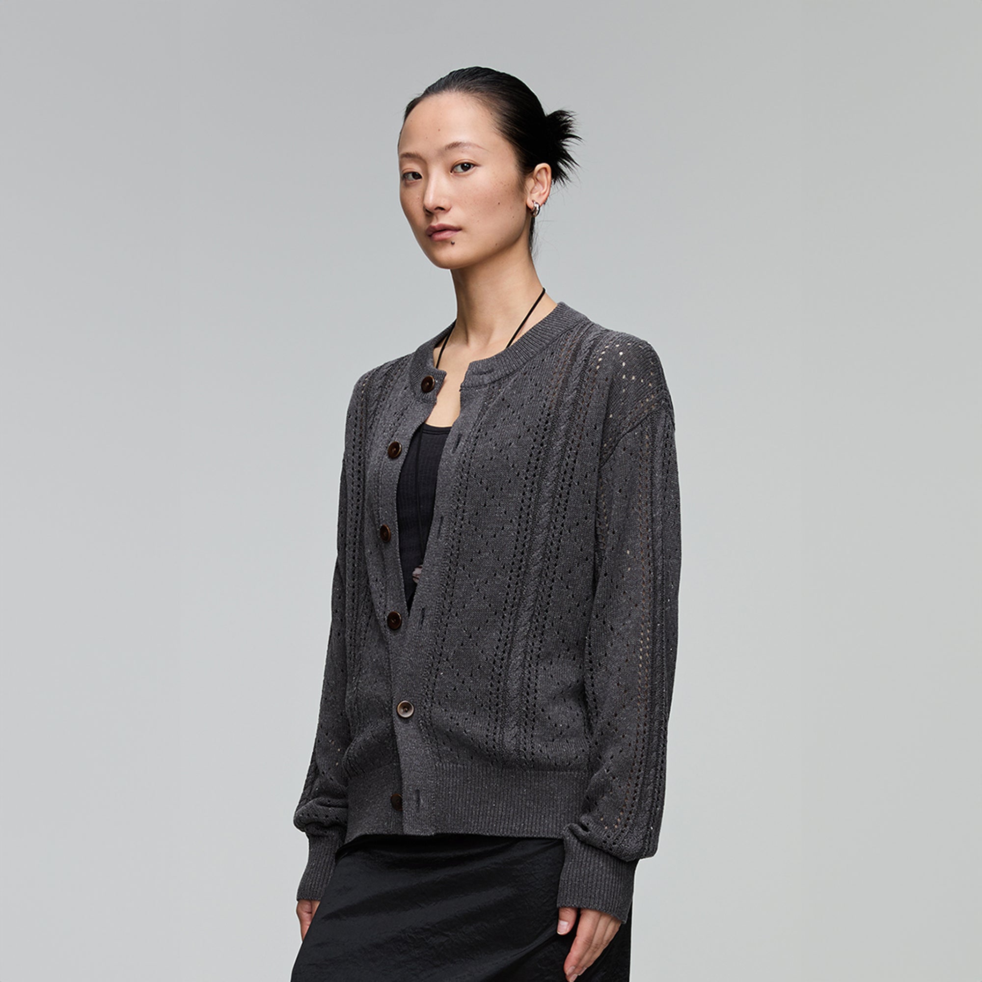 OPICLOTH Eyelet Knit Button-Up Cardigan