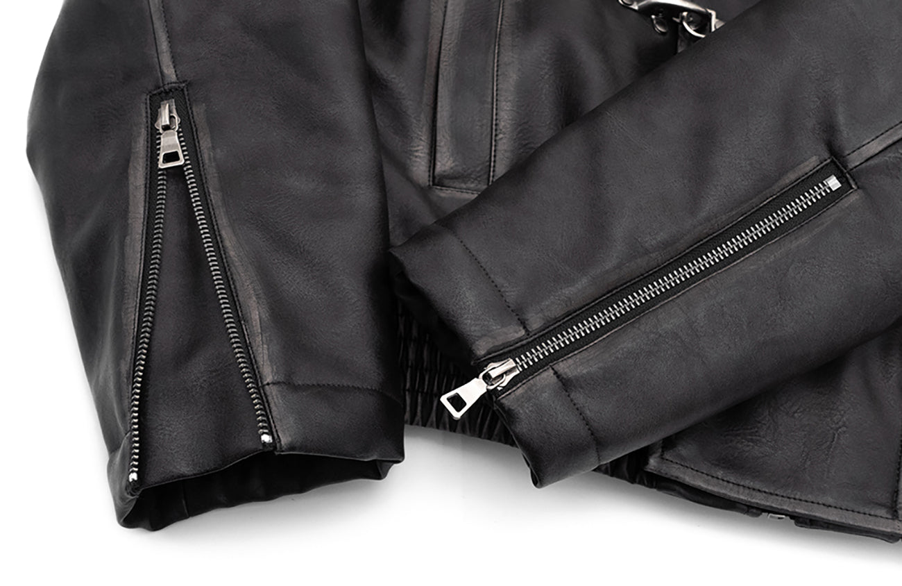 IN EXISTENCE Asymmetric Placket Washed Moto Jacket, premium urban and streetwear designers apparel on PROJECTISR.com, IN EXISTENCE