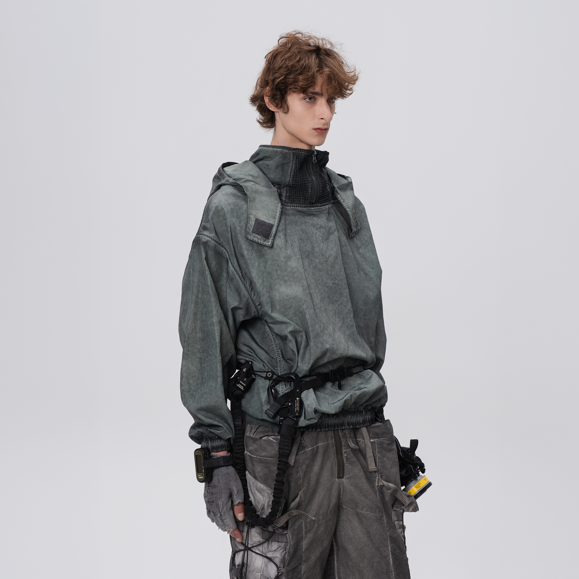 STEAM Distressed Zip-Up Detachable Hooded Jacket