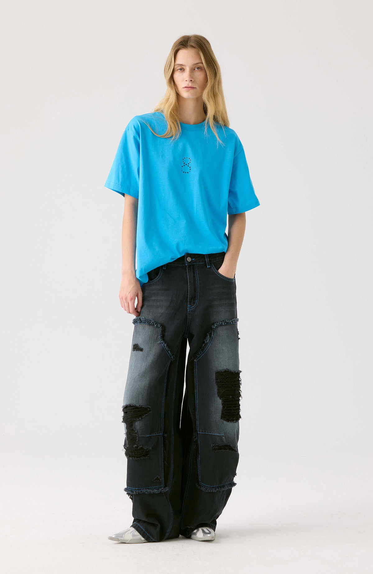 HAHAHA STUDIOS Distressed Washed Wide-Leg Jeans