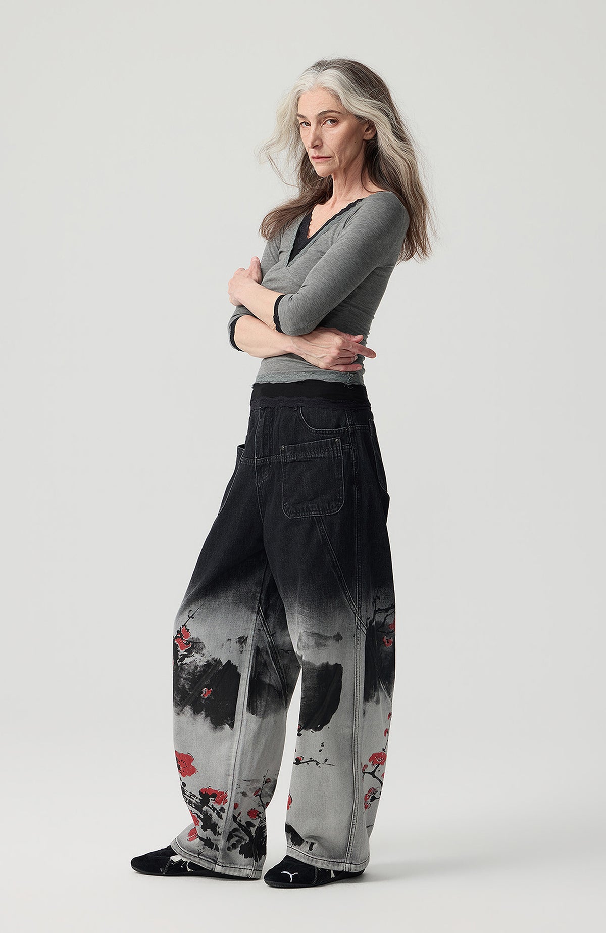 HAHAHA STUDIOS Ink Plum Blossom Washed Wide-Leg Jeans