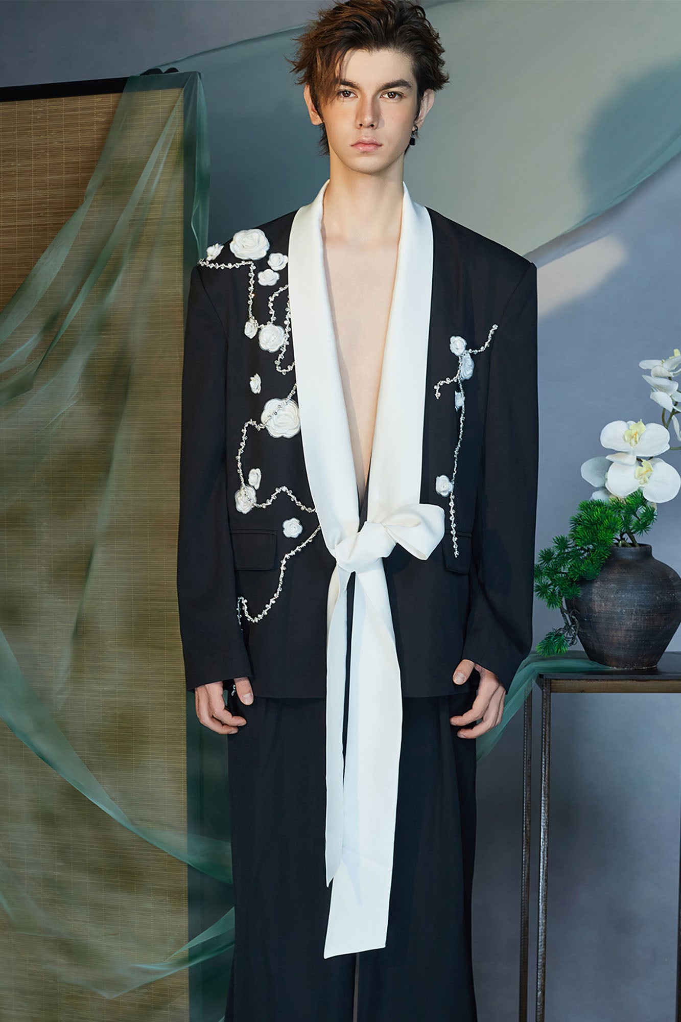 JIECHI Floral Embroidered Sash Tie Blazer