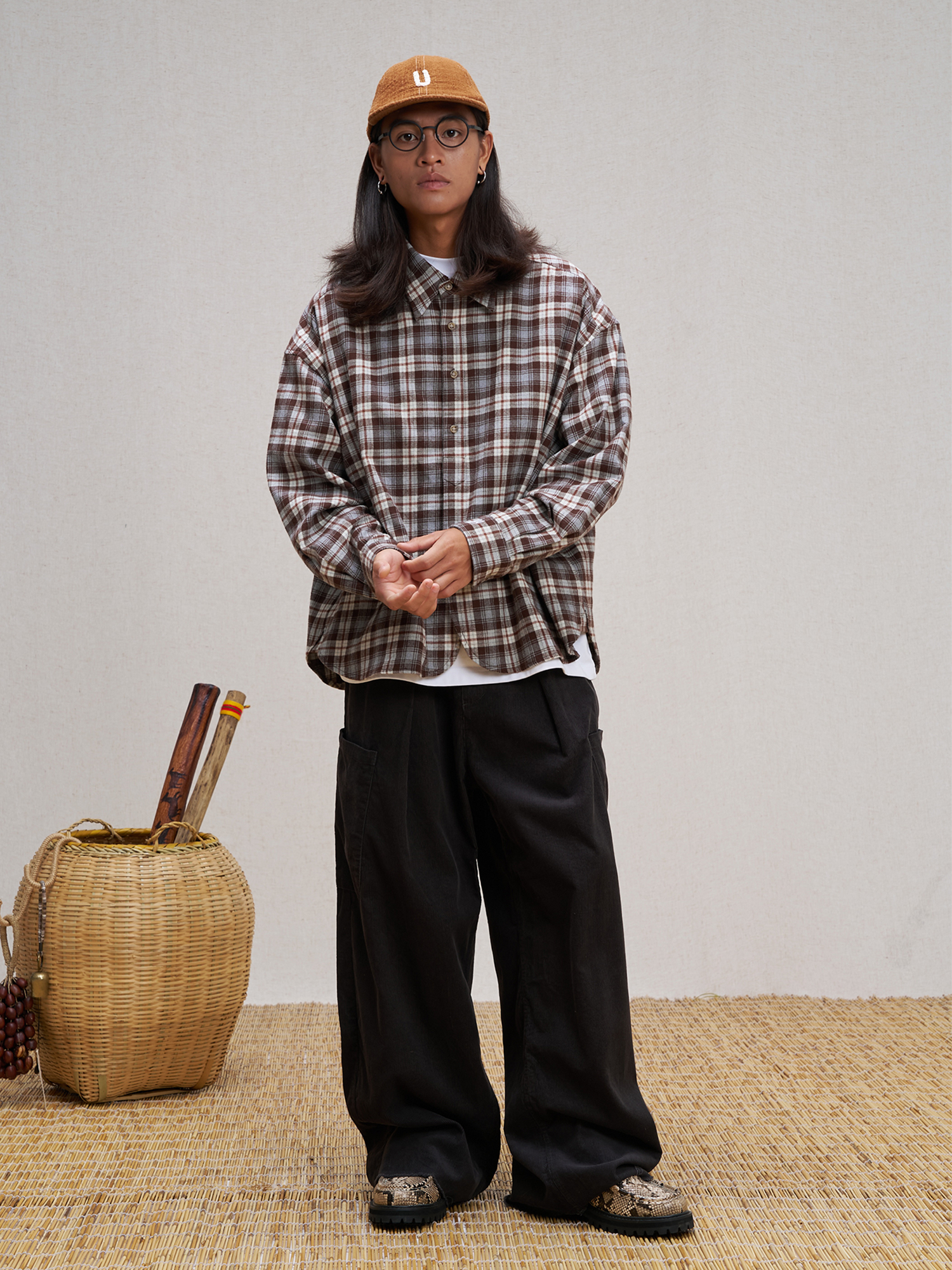 UNLIMITED MOTE Plaid Oversized Half-Open Collar Shirt Brown, premium urban and streetwear designers apparel on PROJECTISR.com, UNLIMITED MOTE