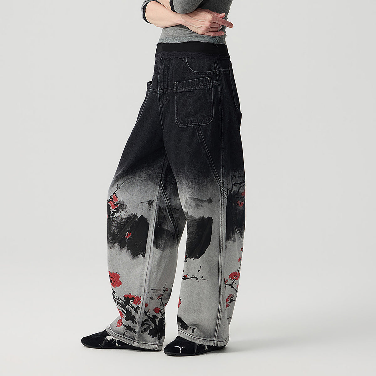 HAHAHA STUDIOS Ink Plum Blossom Washed Wide-Leg Jeans