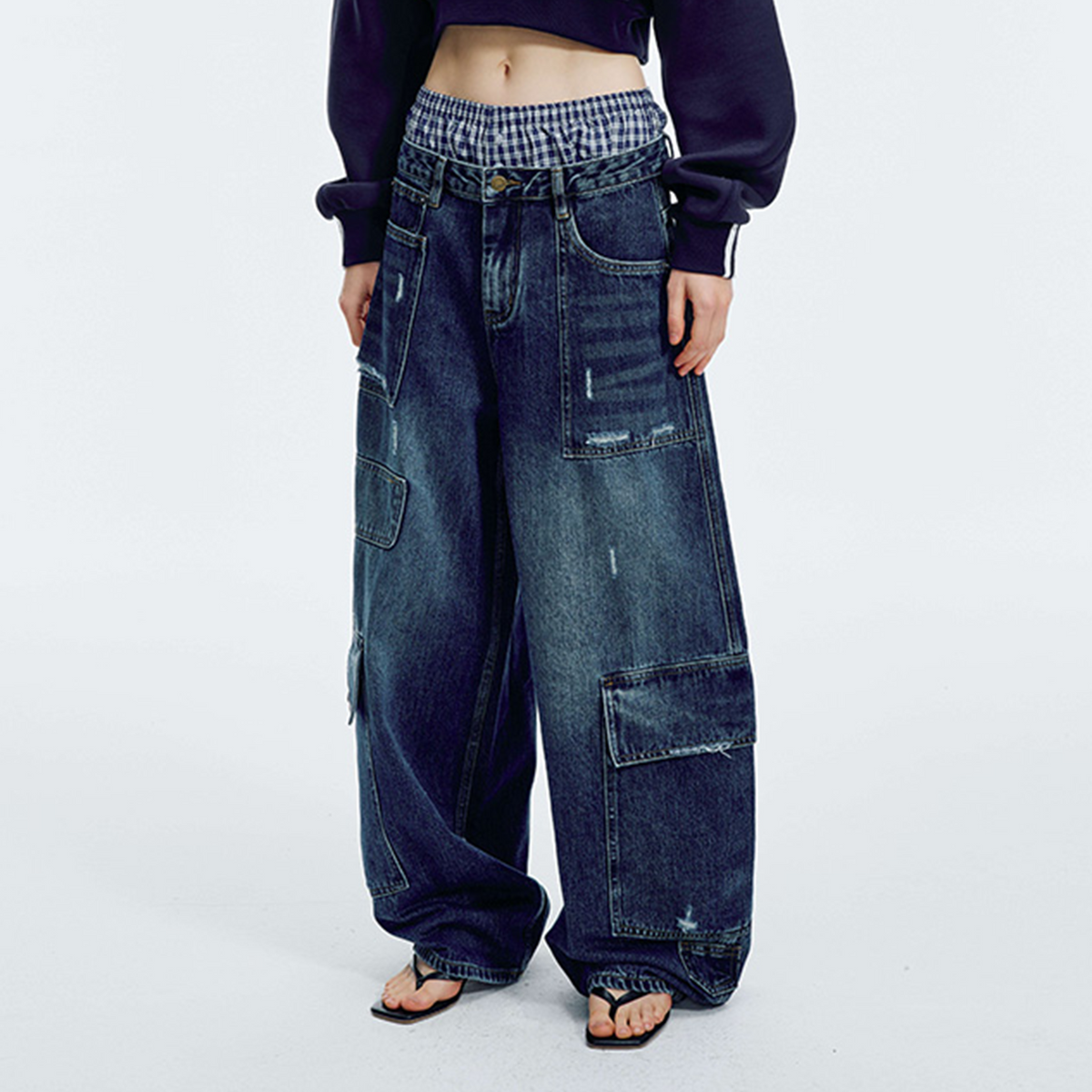 HAHAHA Washed Distressed Multi-Pocket Wide-Leg Jeans