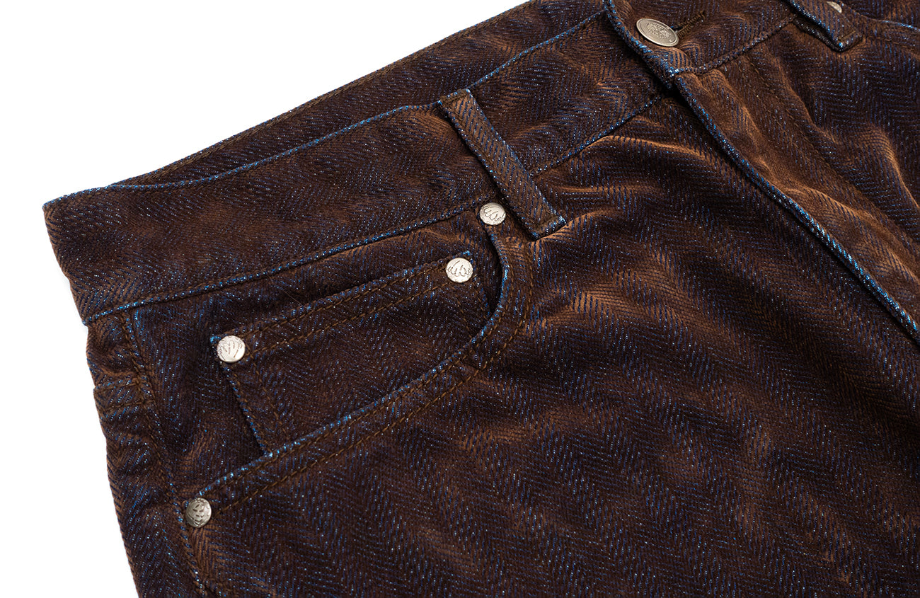 IN EXISTENCE Star Embroidered Herringbone Flocked Flare Jeans, premium urban and streetwear designers apparel on PROJECTISR.com, IN EXISTENCE