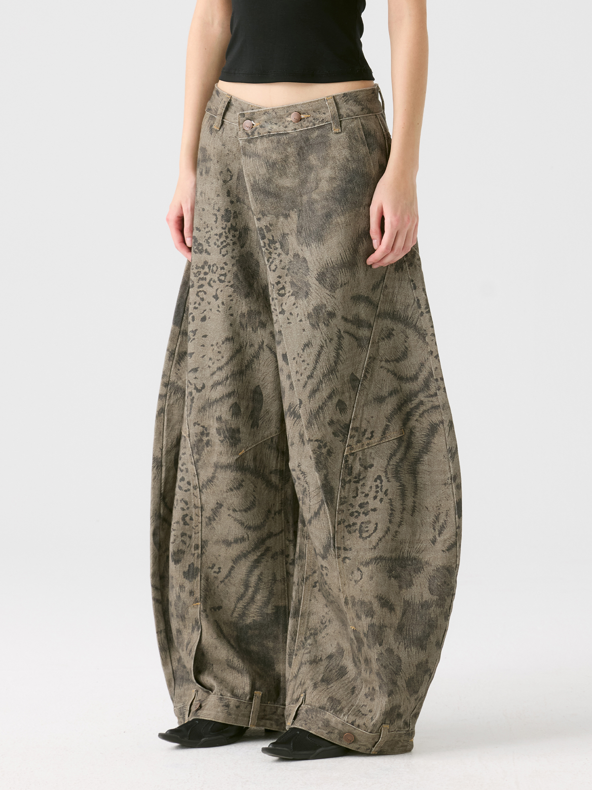 HAHAHA Animal Totem Graphic Crossover-Waist Curved Wide-Leg Pants