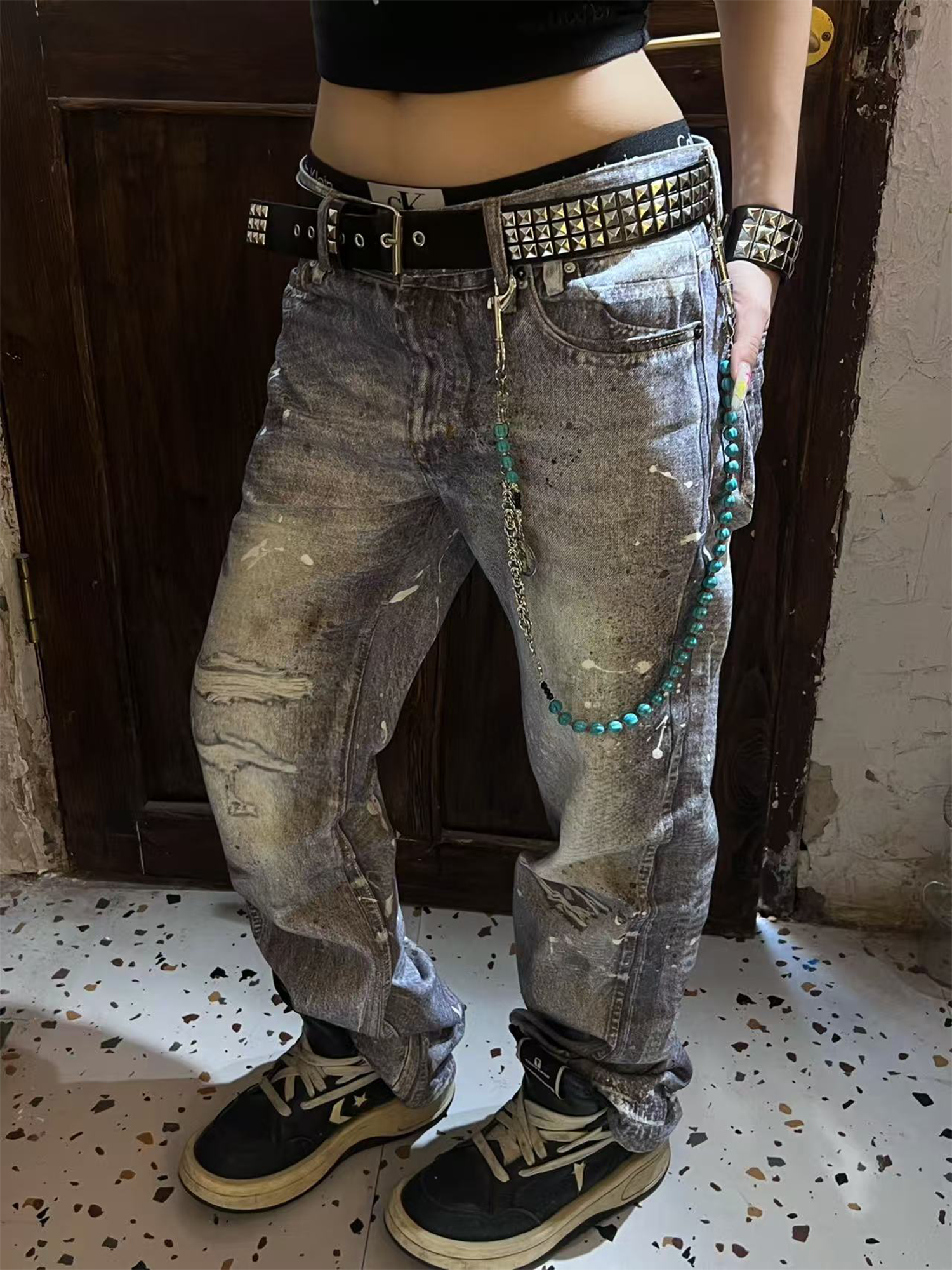 WANNA LAB Distressed Washed Paint-Splattered Flared Jeans