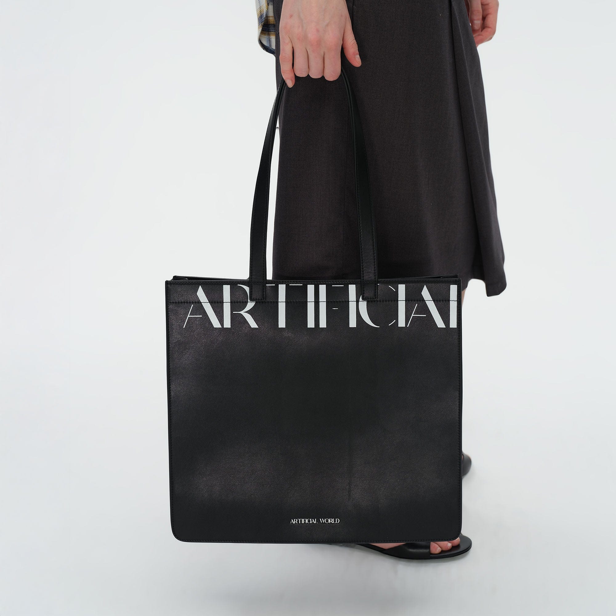 ARTIFICIAL WORLD Logo Graphic Leather Tote Bag, premium urban and streetwear designers apparel on PROJECTISR.com, ARTIFICIAL WORLD