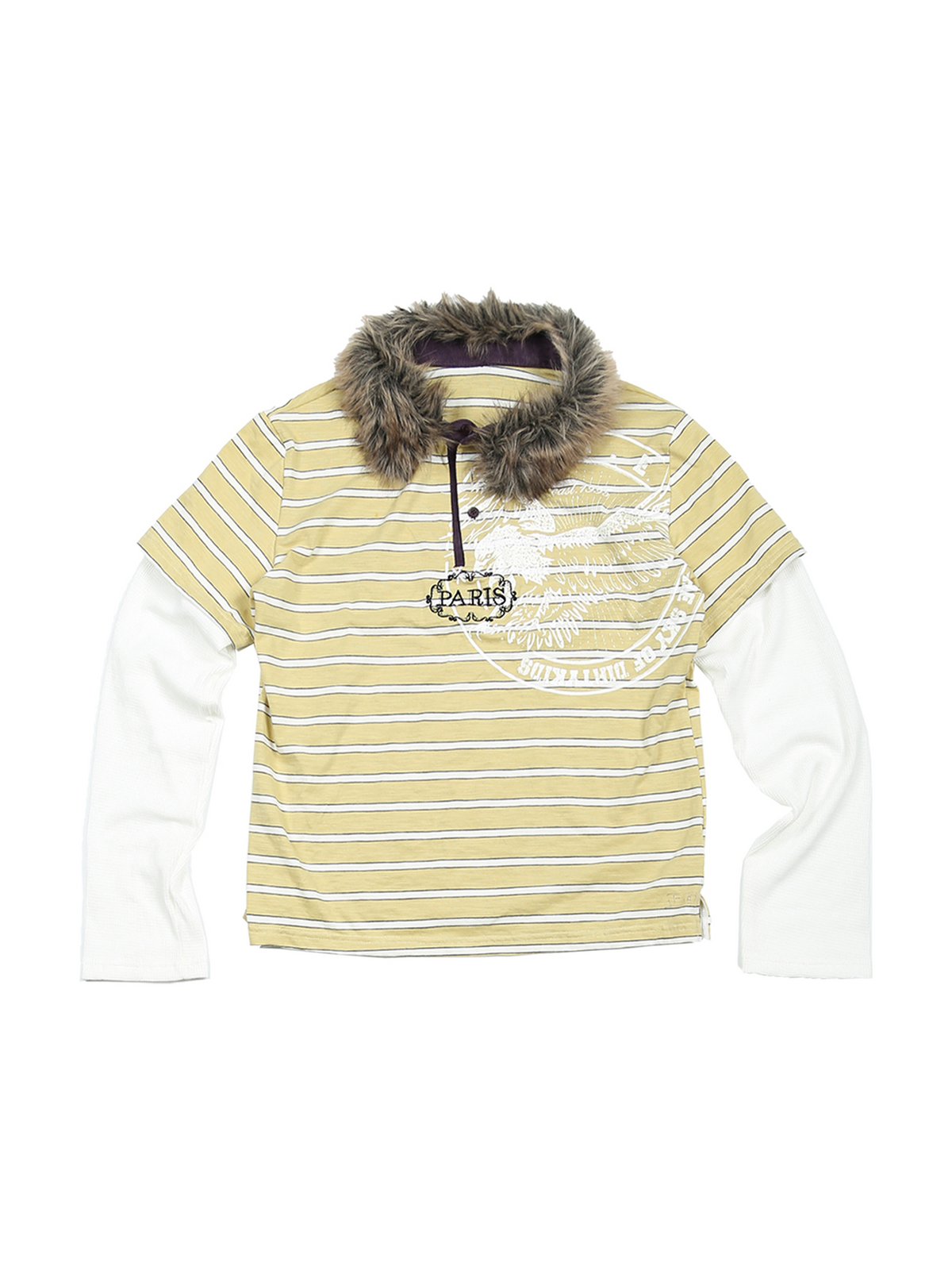 TRECLUB Fur-Collar Embroidered Striped Layered Long-Sleeve Tee
