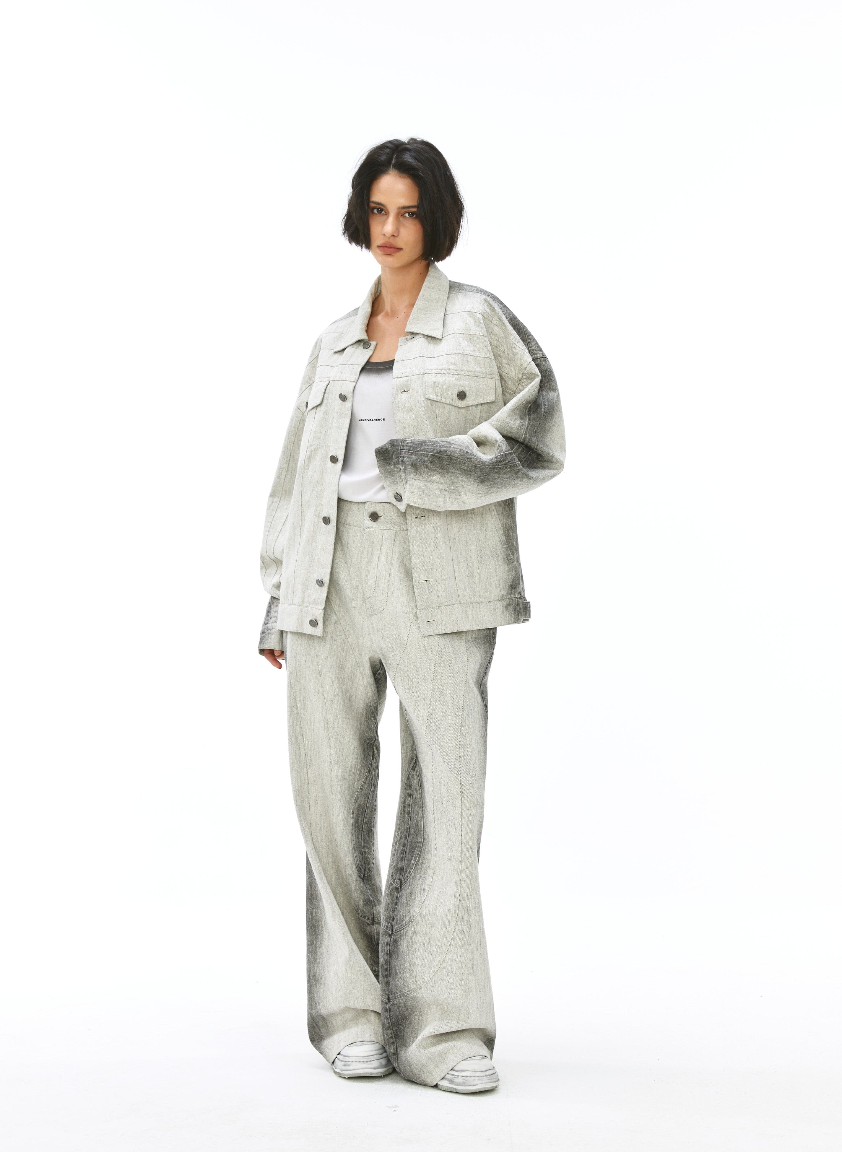 VANN VALRENCE Structured Panel Gradient Sleeve Washed Denim Jacket