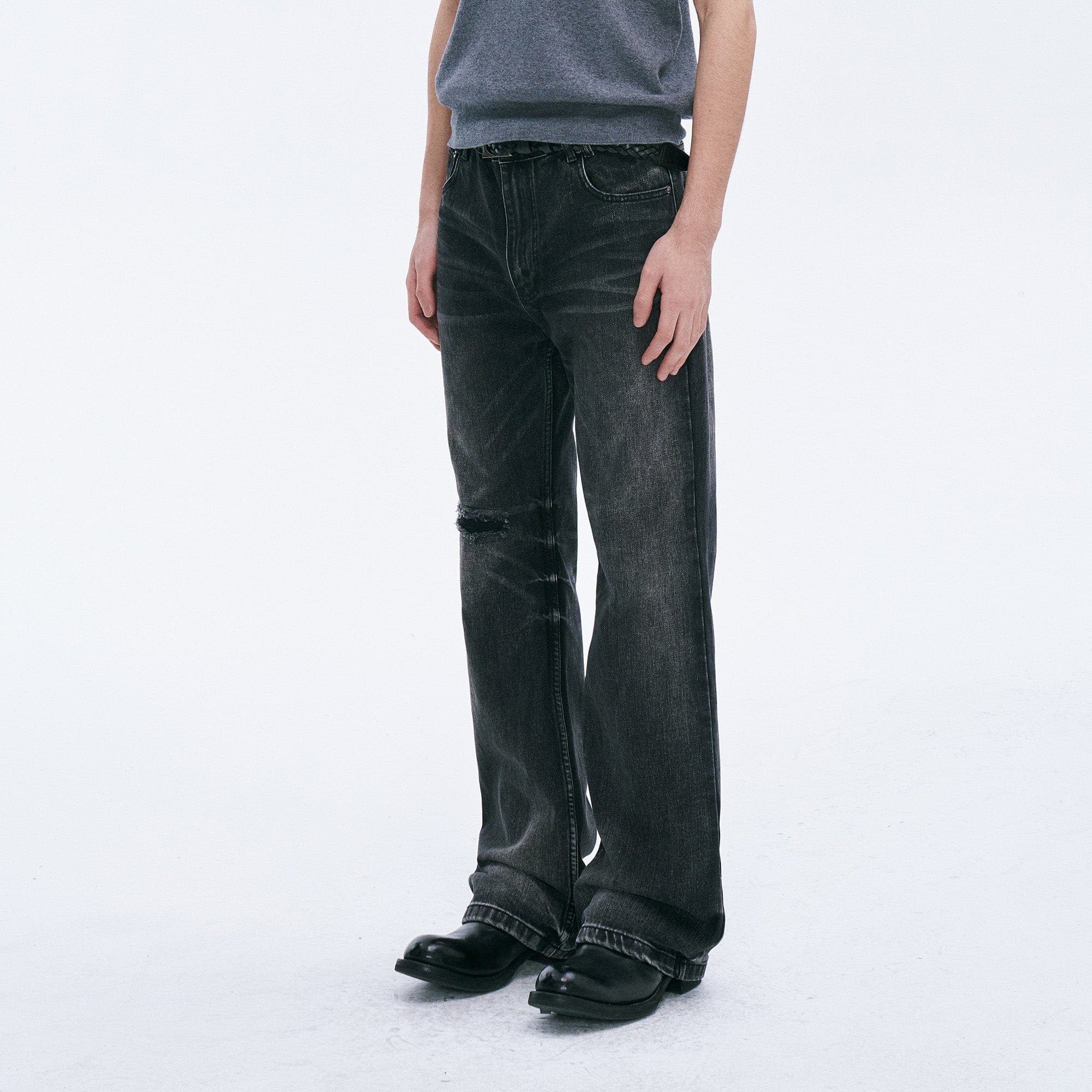 CATSSTAC Whisker Washed Frayed Straight-Leg Jeans, premium urban and streetwear designers apparel on PROJECTISR.com, CATSSTAC