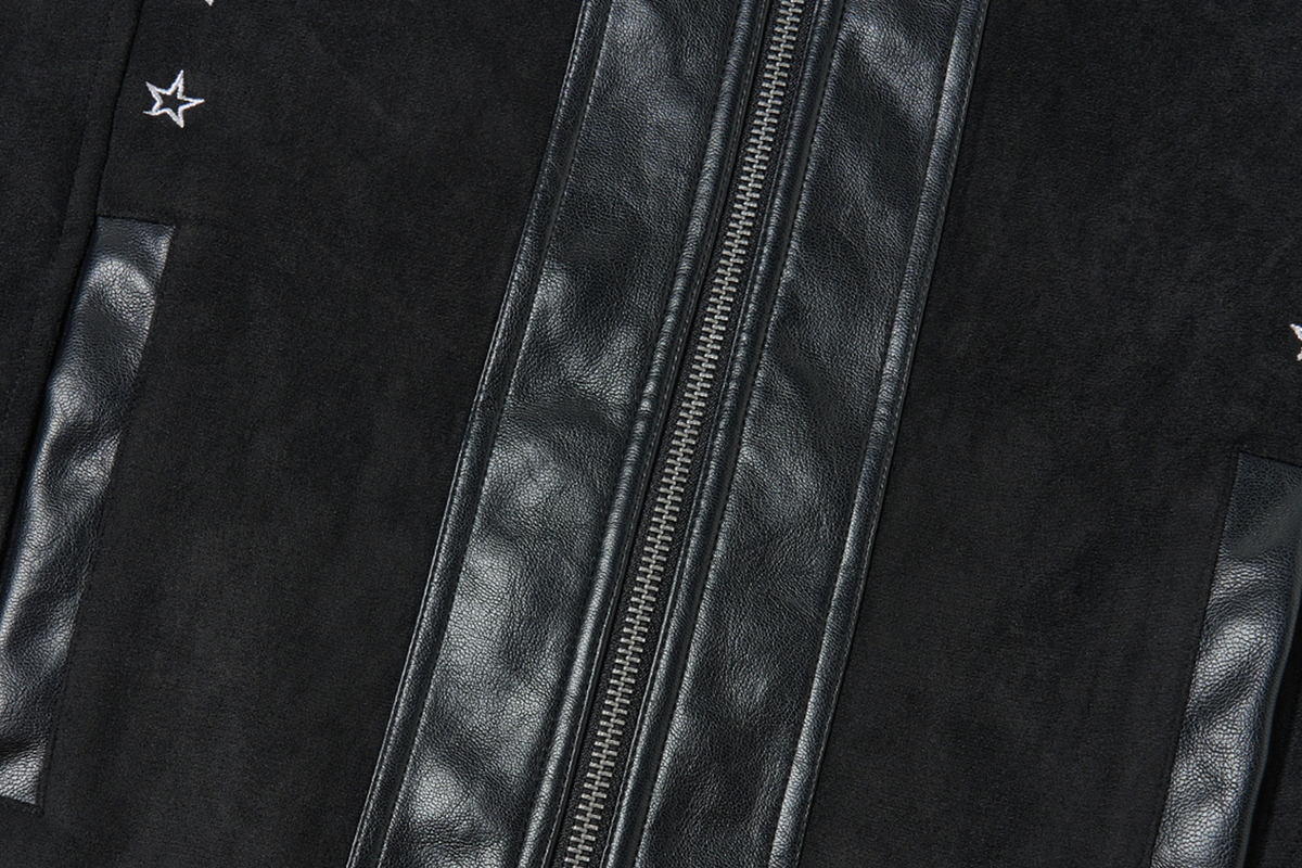SAXGENWON Embroidered Spliced Suede Stand-Collar Jacket