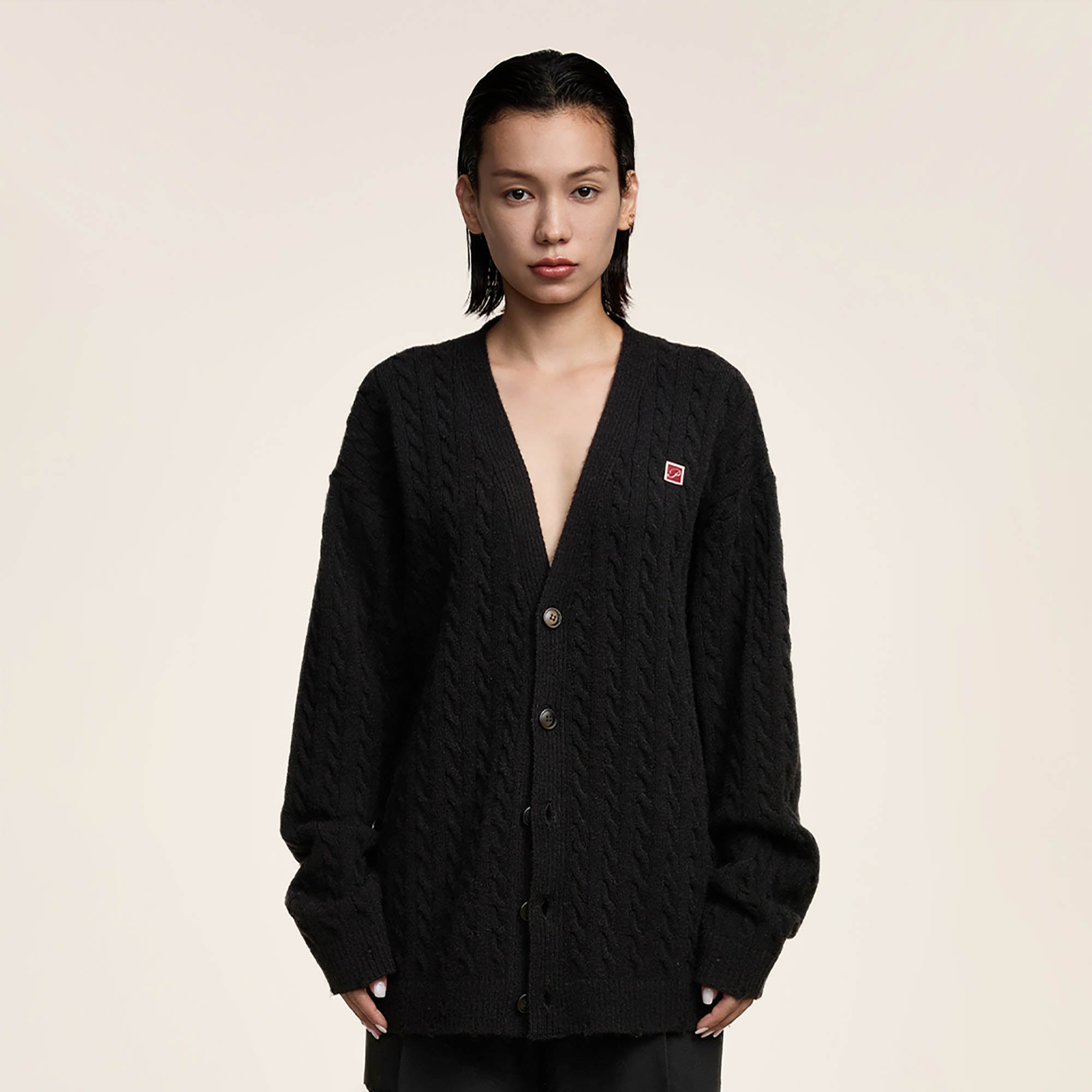 OPICLOTH Cable-Knit V-Neck Button-Up Cardigan