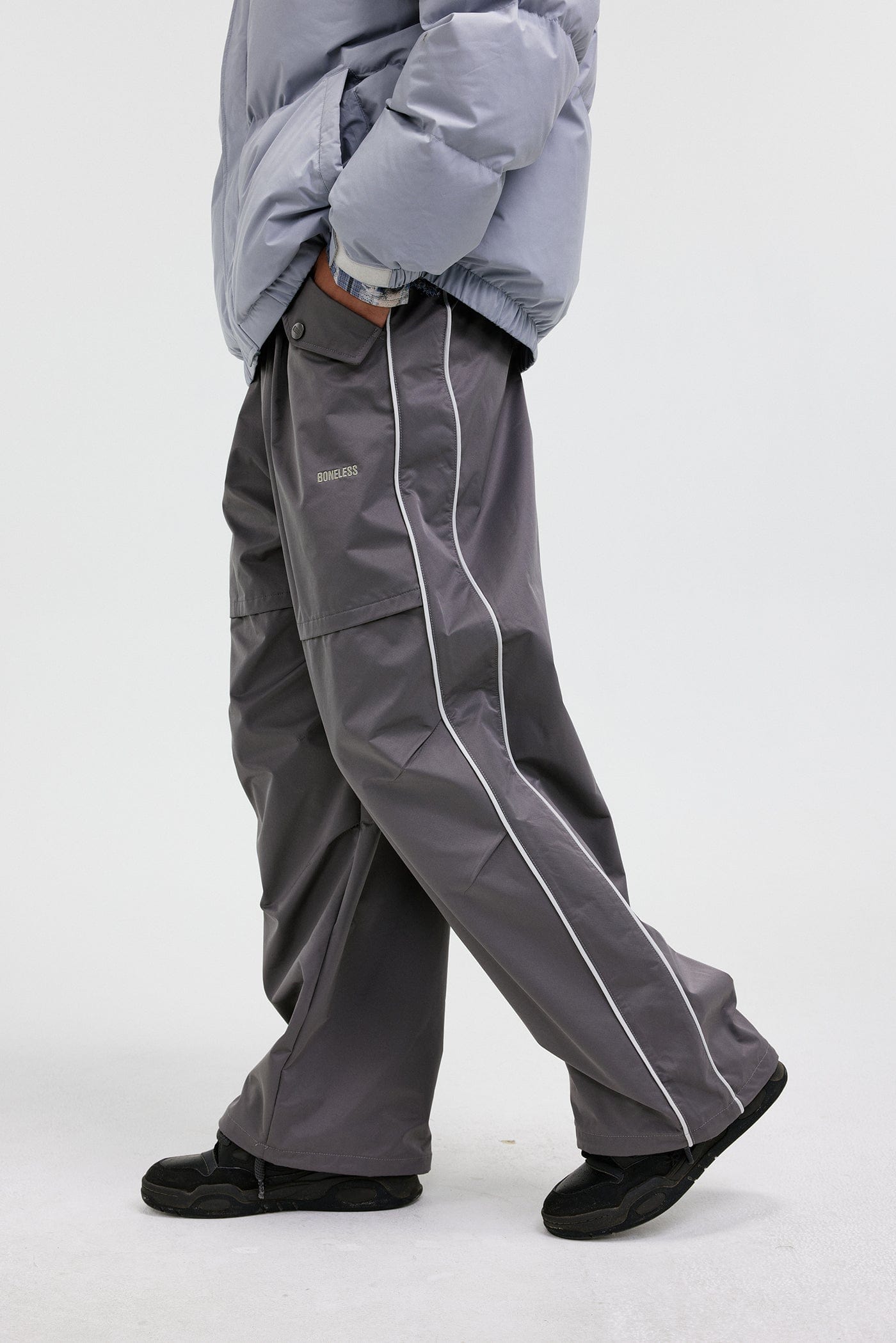 BONELESS Paneled Crinkled Parachute Pants Cho, premium urban and streetwear designers apparel on PROJECTISR.com, BONELESS